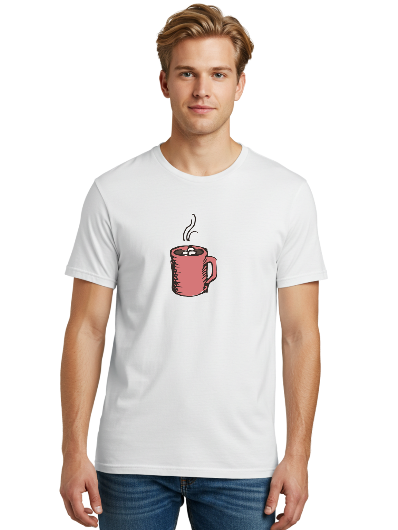 Hot-Chocolate Men'S Graphic Tee, 100% Cotton, Comfortable Casual Summer Wear, Machine Washable, Hot Chocolate, Marshmallows, Steaming Hot, Pink Mug, Cozy Drink, Warm Beverage, Sweet Treat, Comforting Delight -  Aaa943