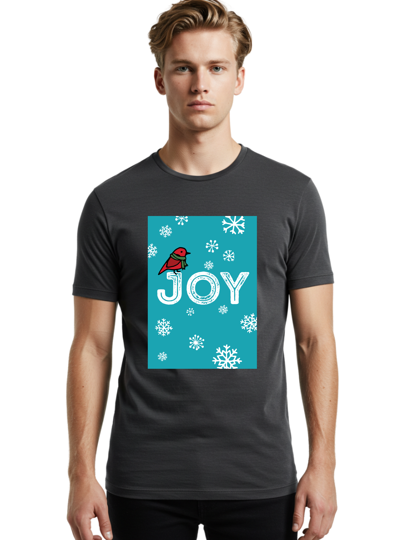 Joy Men'S Graphic Tee, 100% Cotton, Comfortable Casual Summer Wear, Machine Washable, Holiday Cheer, Red Bird, Scarf, Snowflakes, Winter Wonderland, Festive Design, Joyful Atmosphere, Christmas Vibe, Seasonal Greetings -  Aaa955