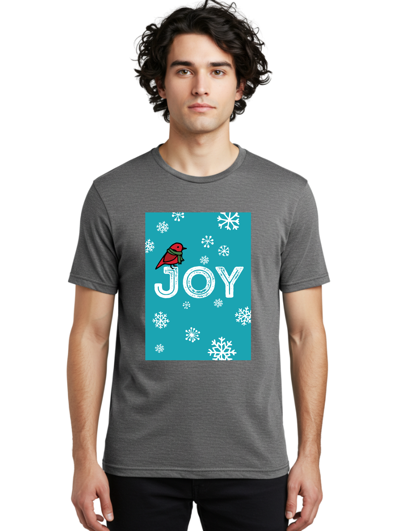 Joy Men'S Graphic Tee, 100% Cotton, Comfortable Casual Summer Wear, Machine Washable, Holiday Cheer, Red Bird, Scarf, Snowflakes, Winter Wonderland, Festive Design, Joyful Atmosphere, Christmas Vibe, Seasonal Greetings -  Aaa955