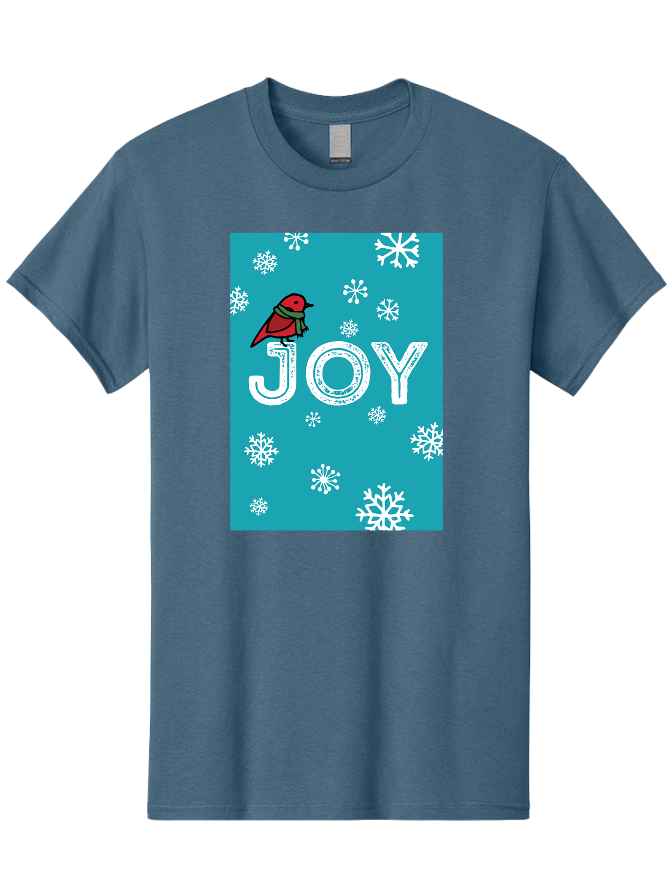 Joy Men'S Graphic Tee, 100% Cotton, Comfortable Casual Summer Wear, Machine Washable, Holiday Cheer, Red Bird, Scarf, Snowflakes, Winter Wonderland, Festive Design, Joyful Atmosphere, Christmas Vibe, Seasonal Greetings -  Aaa955