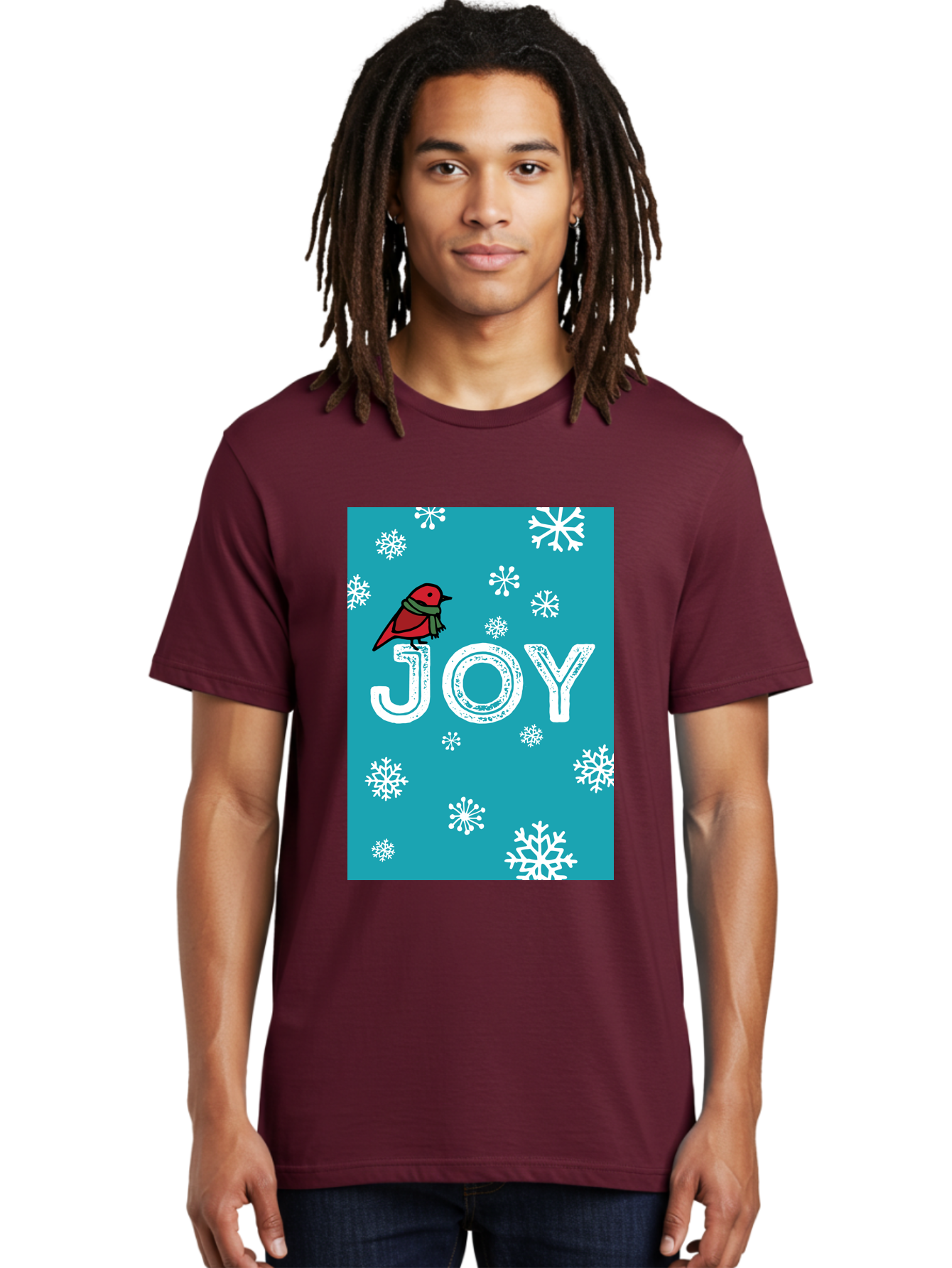 Joy Men'S Graphic Tee, 100% Cotton, Comfortable Casual Summer Wear, Machine Washable, Holiday Cheer, Red Bird, Scarf, Snowflakes, Winter Wonderland, Festive Design, Joyful Atmosphere, Christmas Vibe, Seasonal Greetings -  Aaa955