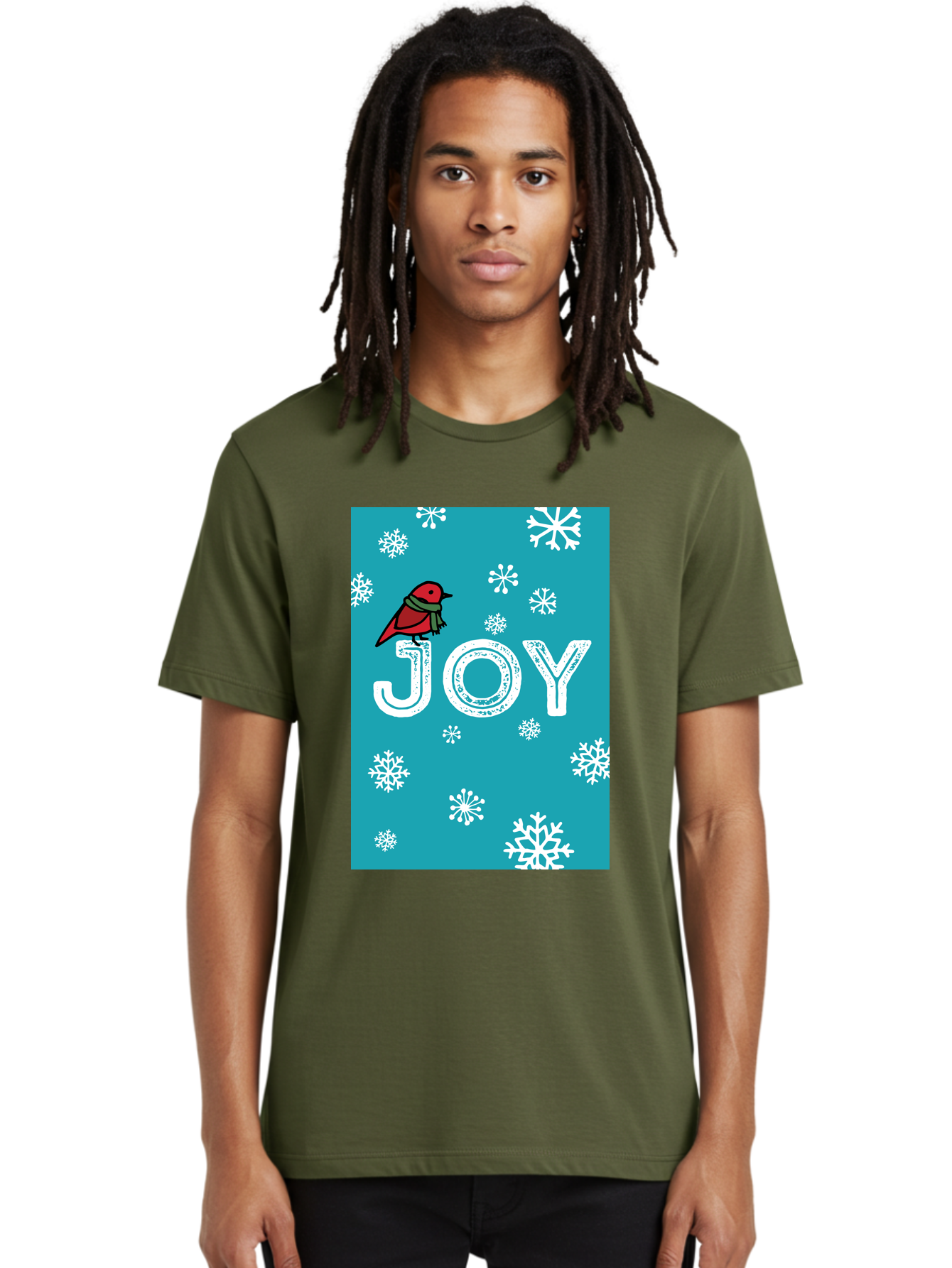Joy Men'S Graphic Tee, 100% Cotton, Comfortable Casual Summer Wear, Machine Washable, Holiday Cheer, Red Bird, Scarf, Snowflakes, Winter Wonderland, Festive Design, Joyful Atmosphere, Christmas Vibe, Seasonal Greetings -  Aaa955