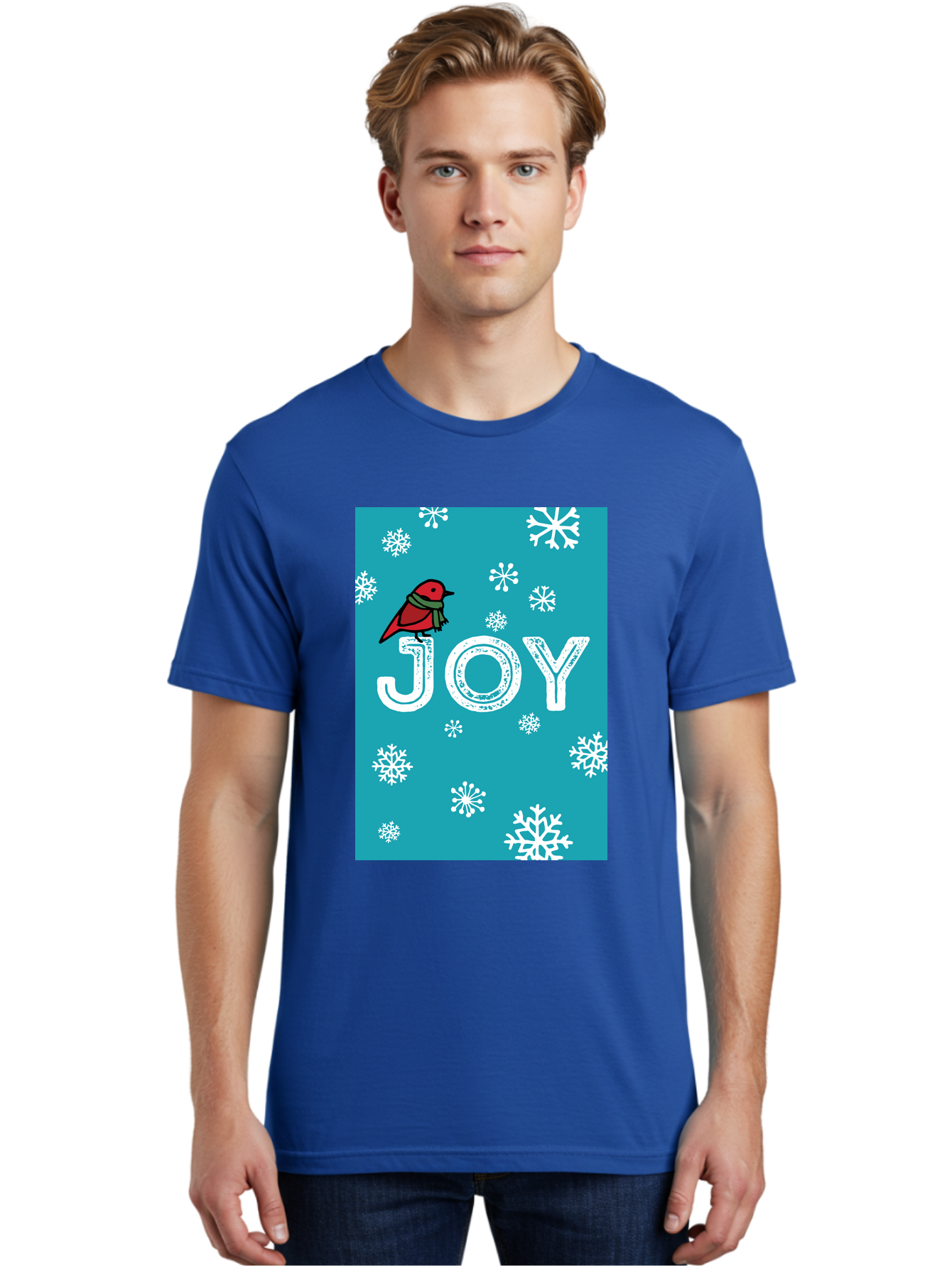 Joy Men'S Graphic Tee, 100% Cotton, Comfortable Casual Summer Wear, Machine Washable, Holiday Cheer, Red Bird, Scarf, Snowflakes, Winter Wonderland, Festive Design, Joyful Atmosphere, Christmas Vibe, Seasonal Greetings -  Aaa955