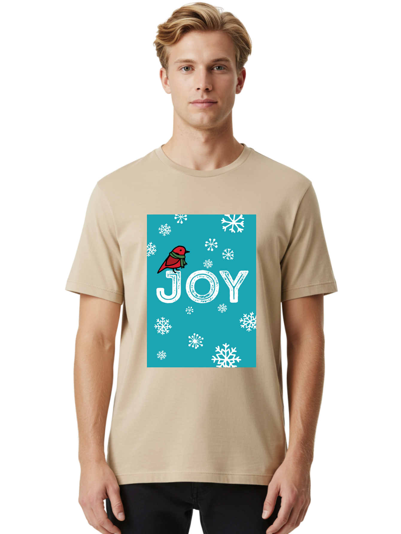 Joy Men'S Graphic Tee, 100% Cotton, Comfortable Casual Summer Wear, Machine Washable, Holiday Cheer, Red Bird, Scarf, Snowflakes, Winter Wonderland, Festive Design, Joyful Atmosphere, Christmas Vibe, Seasonal Greetings -  Aaa955