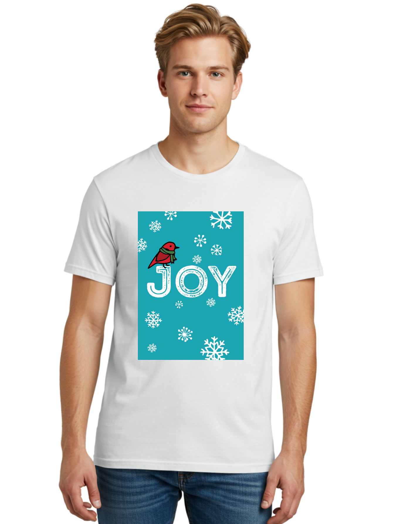 Joy Men'S Graphic Tee, 100% Cotton, Comfortable Casual Summer Wear, Machine Washable, Holiday Cheer, Red Bird, Scarf, Snowflakes, Winter Wonderland, Festive Design, Joyful Atmosphere, Christmas Vibe, Seasonal Greetings -  Aaa955