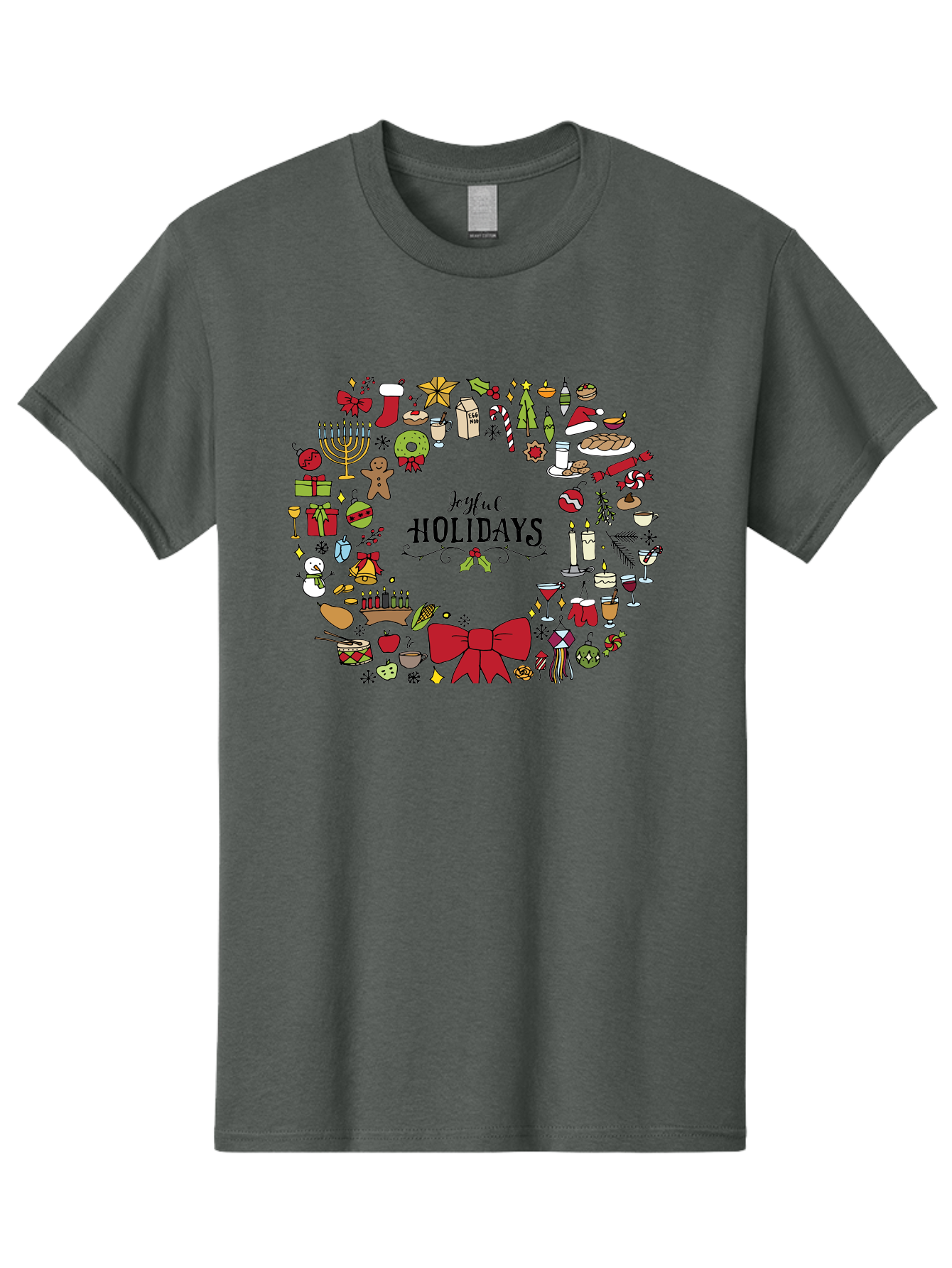 Joyful-Holidays Men'S Graphic Tee, 100% Cotton, Comfortable Casual Summer Wear, Machine Washable, Christmas Wreath, Holiday Decorations, Festive Icons, Joyful Holidays, Christmas Gifts, Holiday Treats, Menorah, Christmas Stocking, -  Aaa957