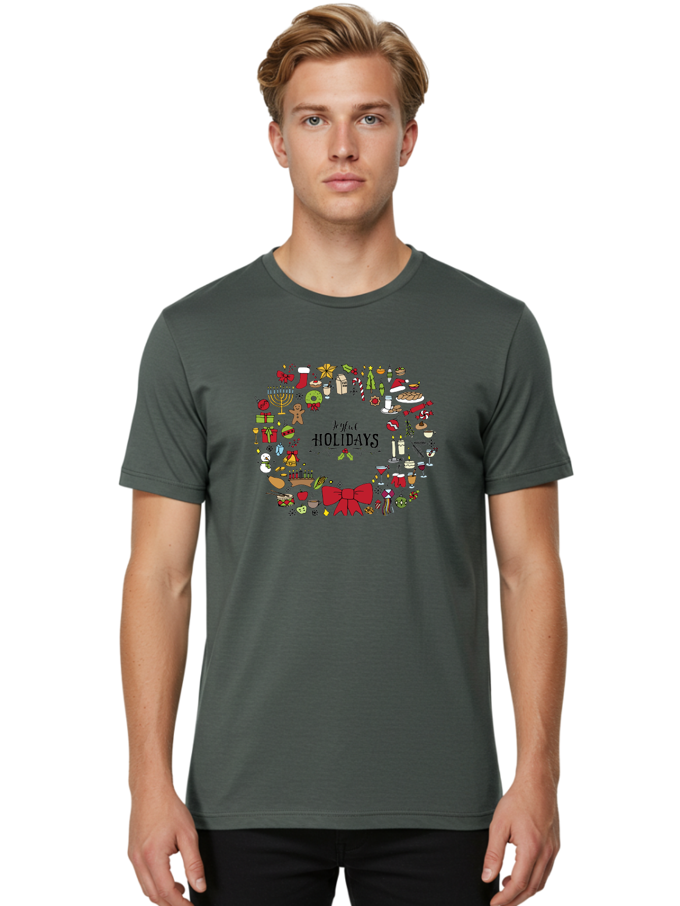 Joyful-Holidays Men'S Graphic Tee, 100% Cotton, Comfortable Casual Summer Wear, Machine Washable, Christmas Wreath, Holiday Decorations, Festive Icons, Joyful Holidays, Christmas Gifts, Holiday Treats, Menorah, Christmas Stocking, -  Aaa957