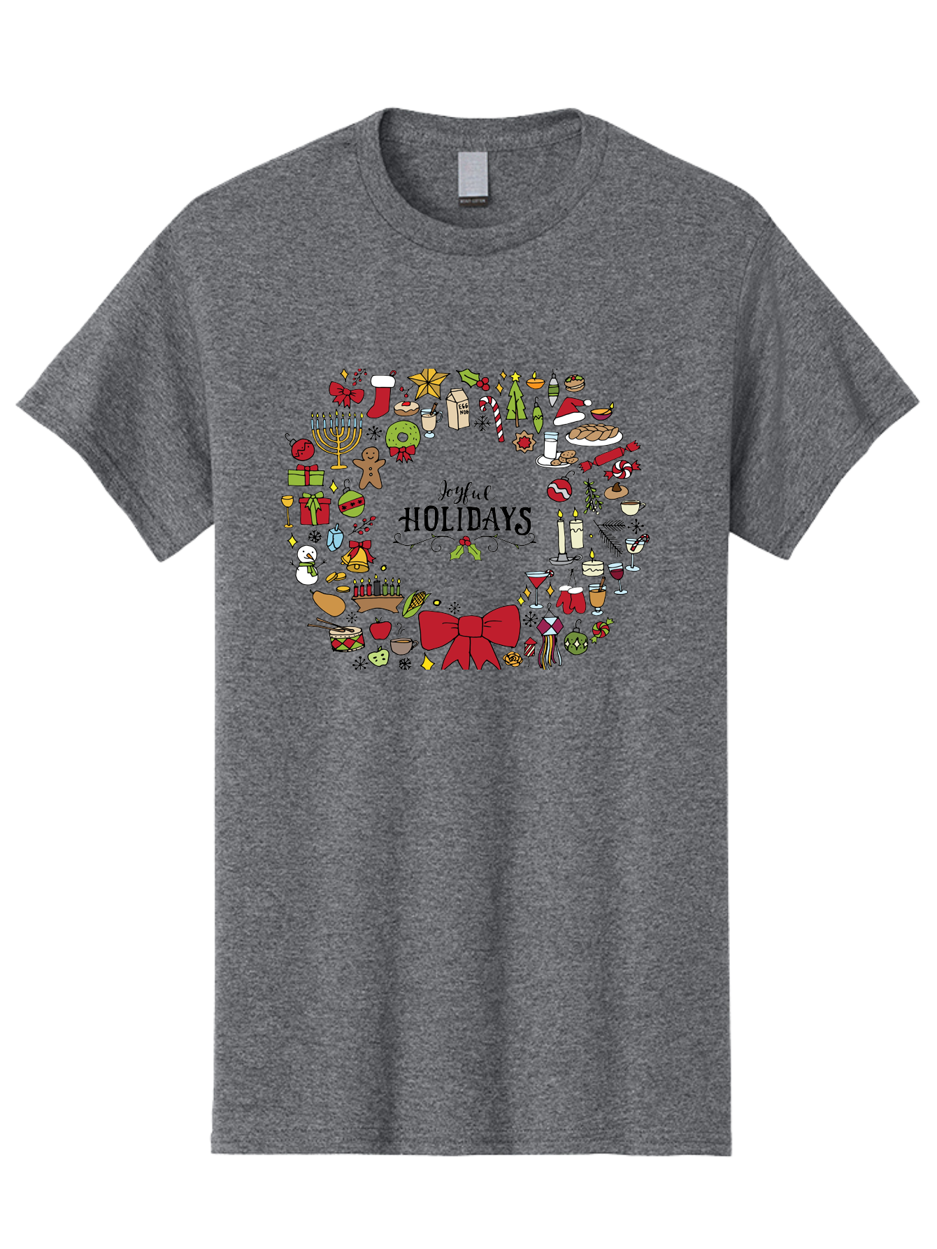 Joyful-Holidays Men'S Graphic Tee, 100% Cotton, Comfortable Casual Summer Wear, Machine Washable, Christmas Wreath, Holiday Decorations, Festive Icons, Joyful Holidays, Christmas Gifts, Holiday Treats, Menorah, Christmas Stocking, -  Aaa957