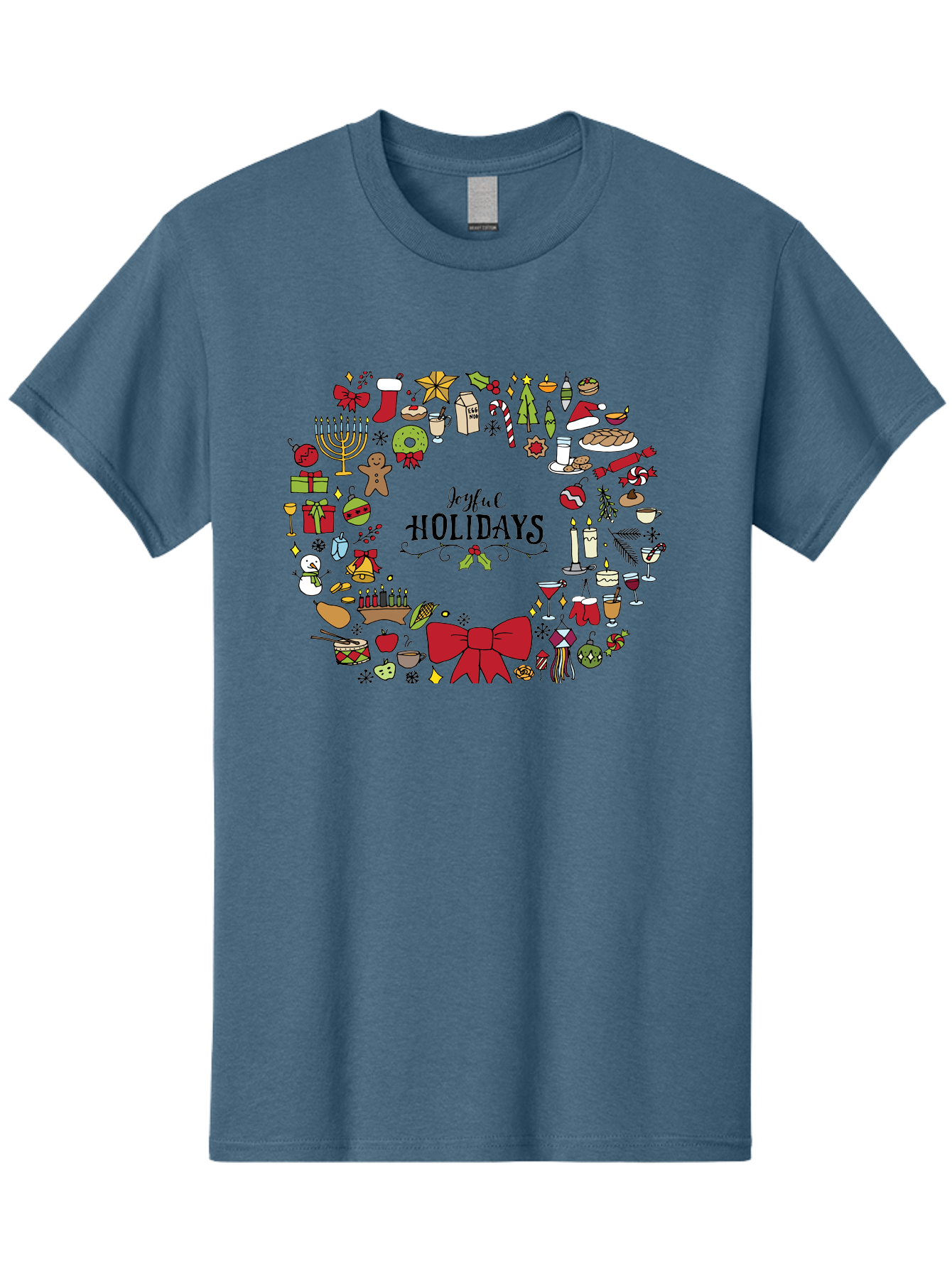 Joyful-Holidays Men'S Graphic Tee, 100% Cotton, Comfortable Casual Summer Wear, Machine Washable, Christmas Wreath, Holiday Decorations, Festive Icons, Joyful Holidays, Christmas Gifts, Holiday Treats, Menorah, Christmas Stocking, -  Aaa957