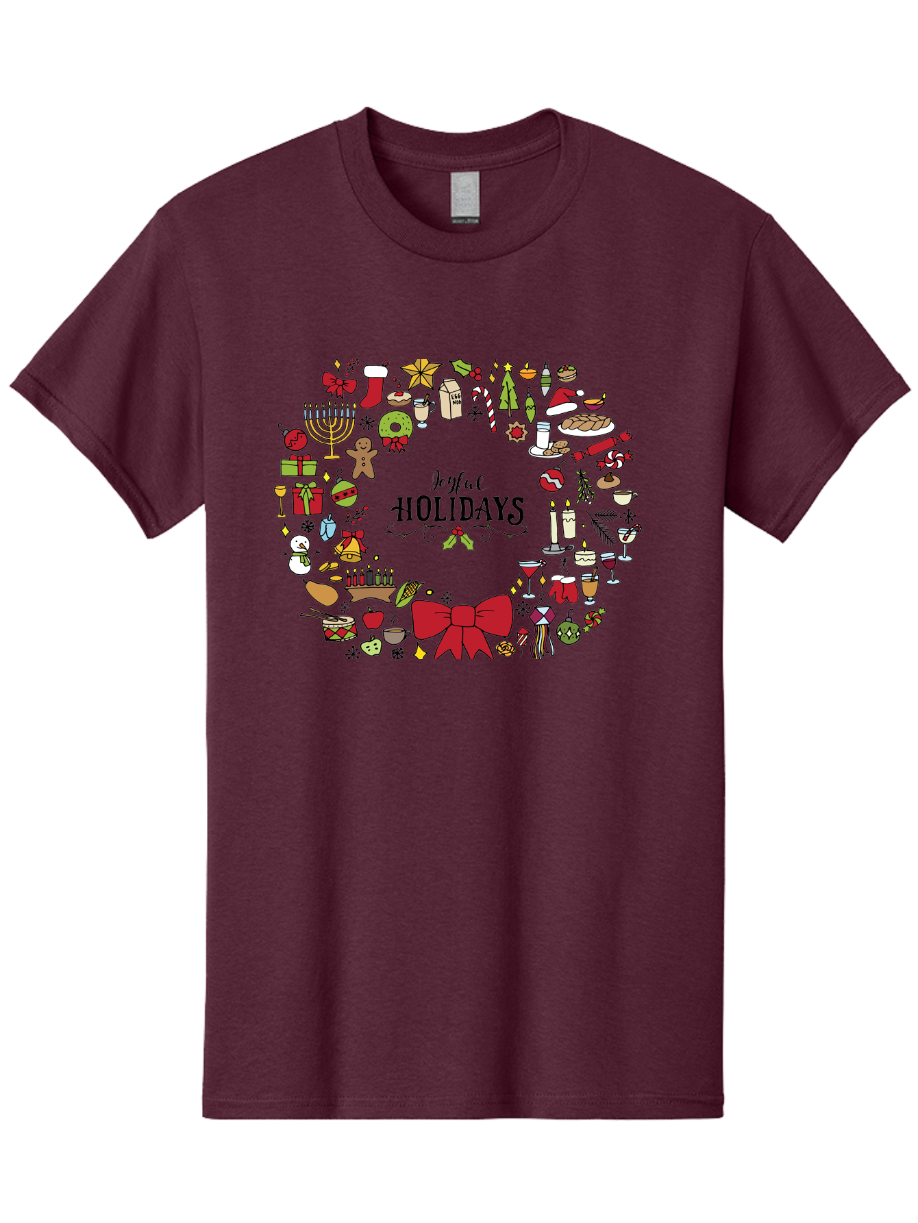 Joyful-Holidays Men'S Graphic Tee, 100% Cotton, Comfortable Casual Summer Wear, Machine Washable, Christmas Wreath, Holiday Decorations, Festive Icons, Joyful Holidays, Christmas Gifts, Holiday Treats, Menorah, Christmas Stocking, -  Aaa957