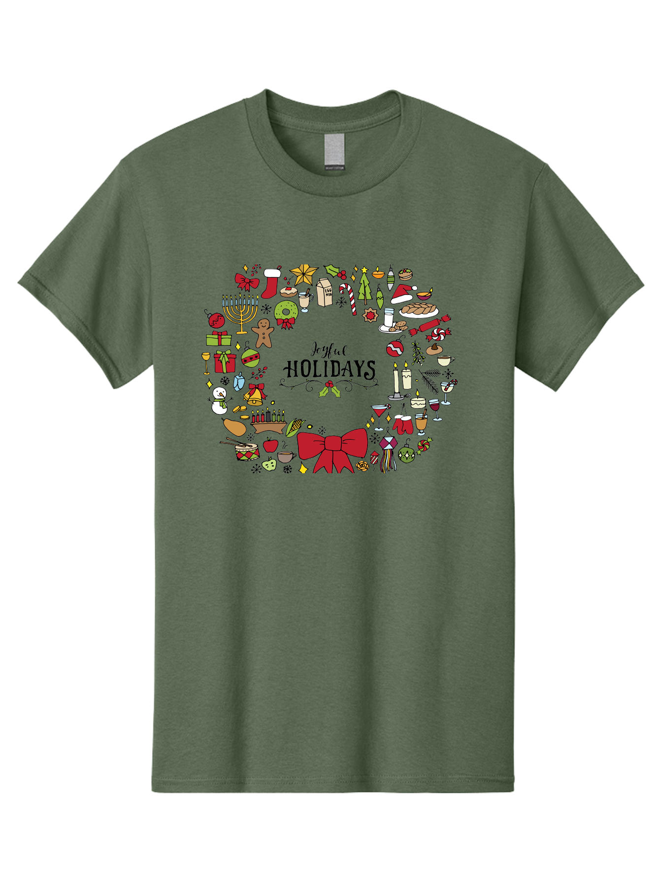 Joyful-Holidays Men'S Graphic Tee, 100% Cotton, Comfortable Casual Summer Wear, Machine Washable, Christmas Wreath, Holiday Decorations, Festive Icons, Joyful Holidays, Christmas Gifts, Holiday Treats, Menorah, Christmas Stocking, -  Aaa957