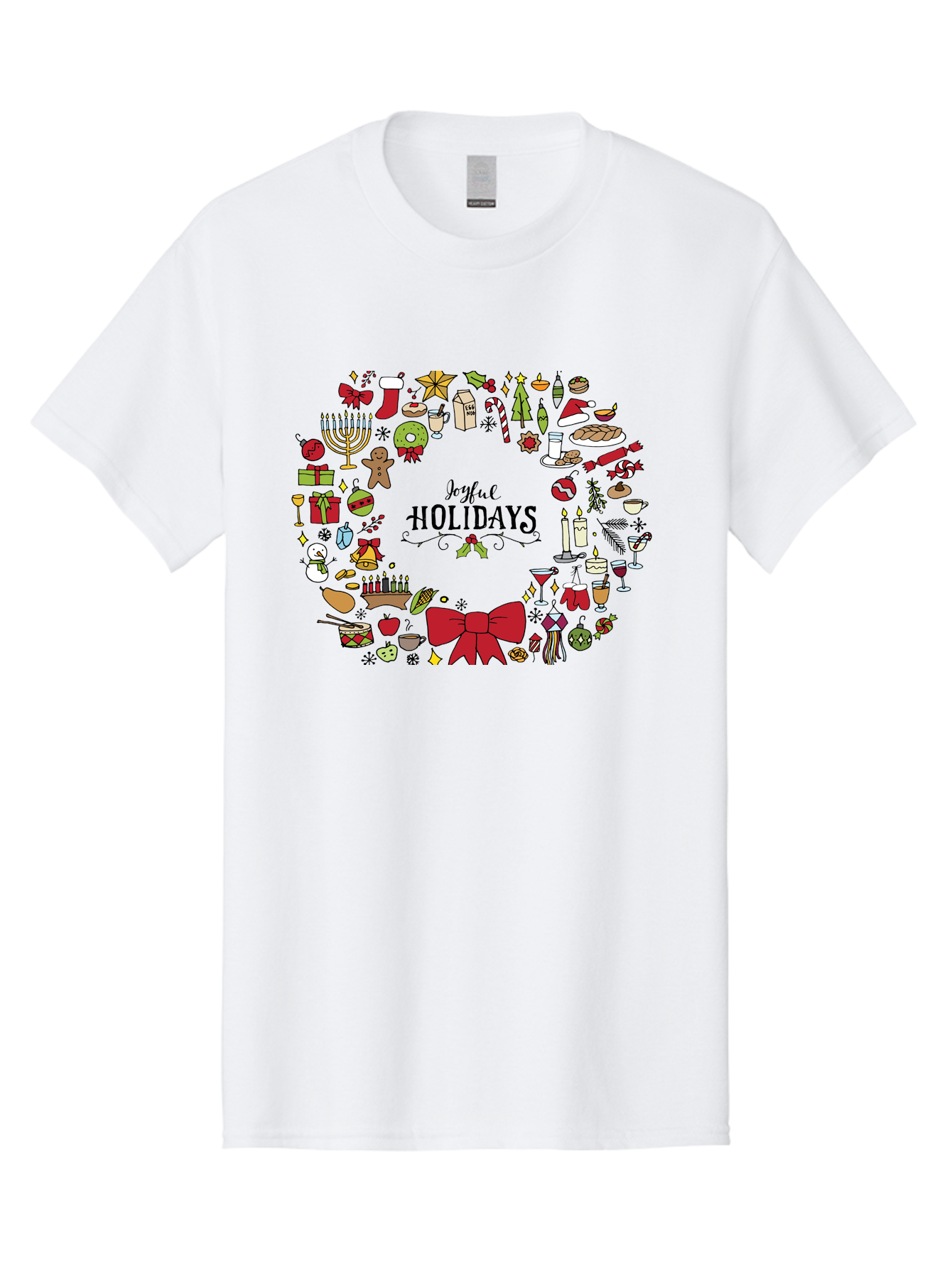 Joyful-Holidays Men'S Graphic Tee, 100% Cotton, Comfortable Casual Summer Wear, Machine Washable, Christmas Wreath, Holiday Decorations, Festive Icons, Joyful Holidays, Christmas Gifts, Holiday Treats, Menorah, Christmas Stocking, -  Aaa957