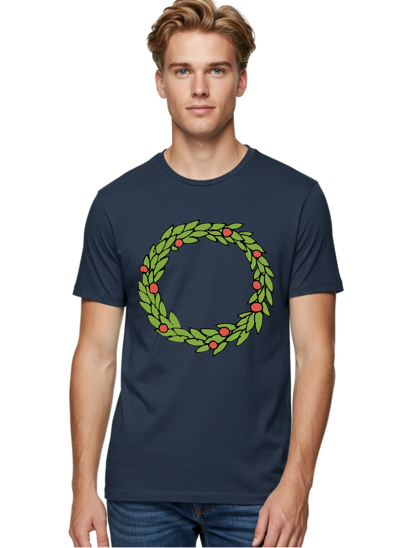 Laurel-Wreath Men'S Graphic Tee, 100% Cotton, Comfortable Casual Summer Wear, Machine Washable, Laurel Wreath, Green Leaves, Red Berries, Circular Design, Symbolic Motif, Traditional Emblem, Vintage Decoration, Classic Iconography, -  Aaa960