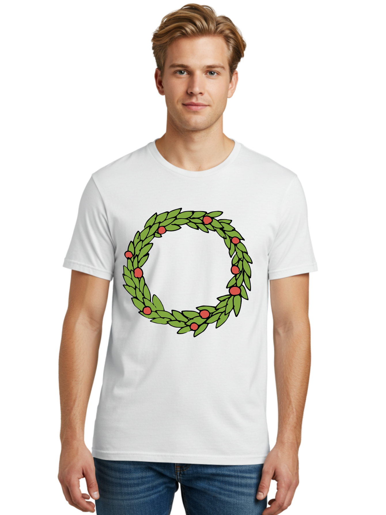 Laurel-Wreath Men'S Graphic Tee, 100% Cotton, Comfortable Casual Summer Wear, Machine Washable, Laurel Wreath, Green Leaves, Red Berries, Circular Design, Symbolic Motif, Traditional Emblem, Vintage Decoration, Classic Iconography, -  Aaa960