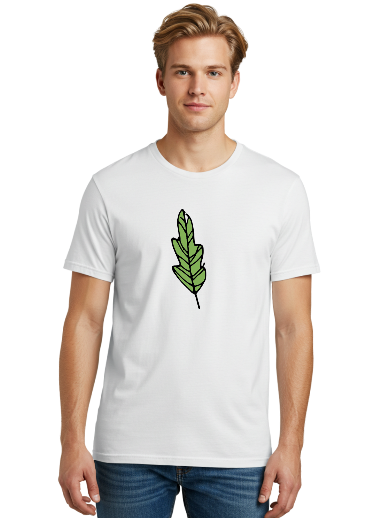Leaf-Illustration Men'S Graphic Tee, 100% Cotton, Comfortable Casual Summer Wear, Machine Washable, Simple Leaf Design, Cartoon Leaf Illustration, Green Leaf Graphic, Leaf Outline, Minimalist Leaf Art, Nature-Inspired Illustration, -  Aaa963