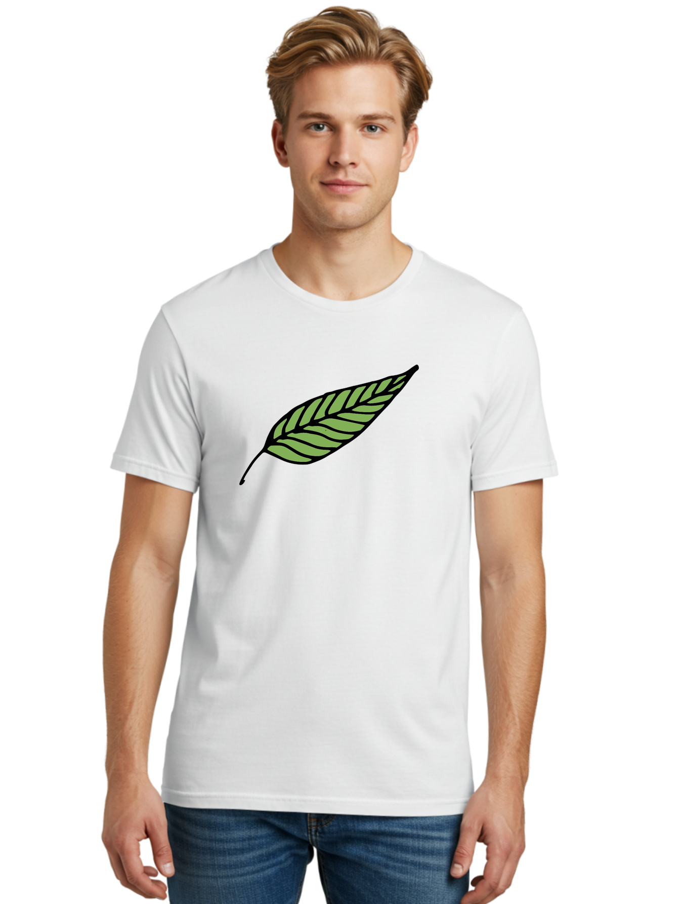 Leaf Men'S Graphic Tee, 100% Cotton, Comfortable Casual Summer Wear, Machine Washable, Leaf Icon, Olive Branch Symbol, Simple Illustration, Black Outline, Green Leaf, Minimalist Design, Symbolic Representation, Peace Symbol, -  Aaa965