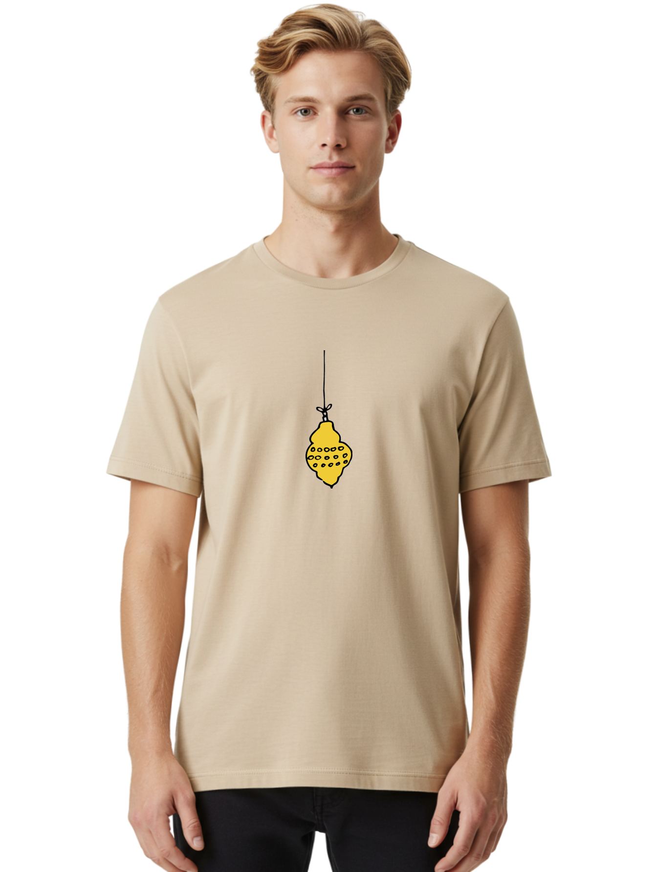 Lemon Men'S Graphic Tee, 100% Cotton, Comfortable Casual Summer Wear, Machine Washable, Lemon Hanging On String, Citrus Fruit, Yellow Lemon, Cartoon Lemon, Simple Design, Festive Decoration, Quirky Art -  Aaa967