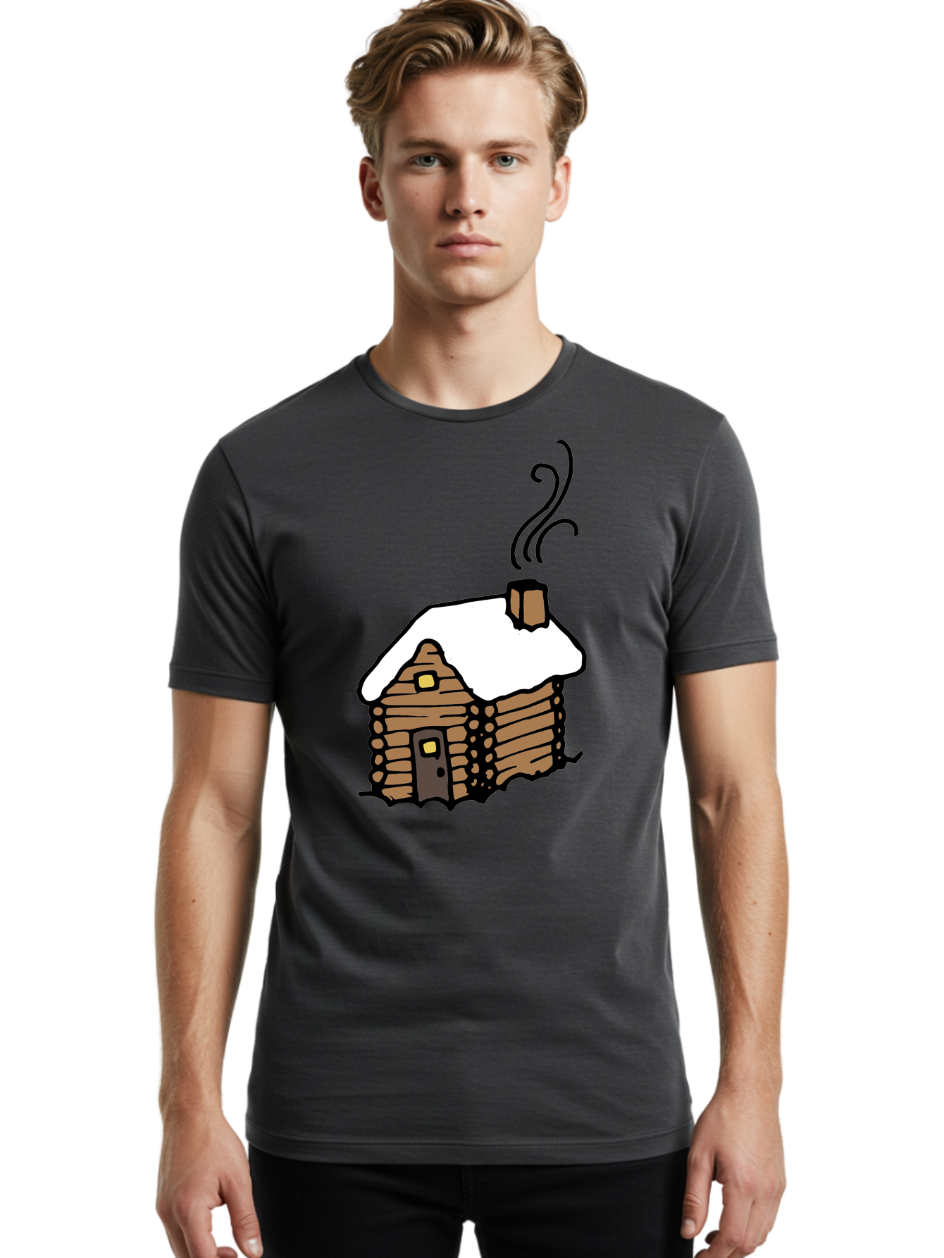 Log-Cabin Men'S Graphic Tee, 100% Cotton, Comfortable Casual Summer Wear, Machine Washable, Cozy Log Cabin, Snow-Covered Roof, Warm Fireplace, Snowy Landscape, Winter Wonderland, Rustic Charm, Cabin In The Woods -  Aaa972