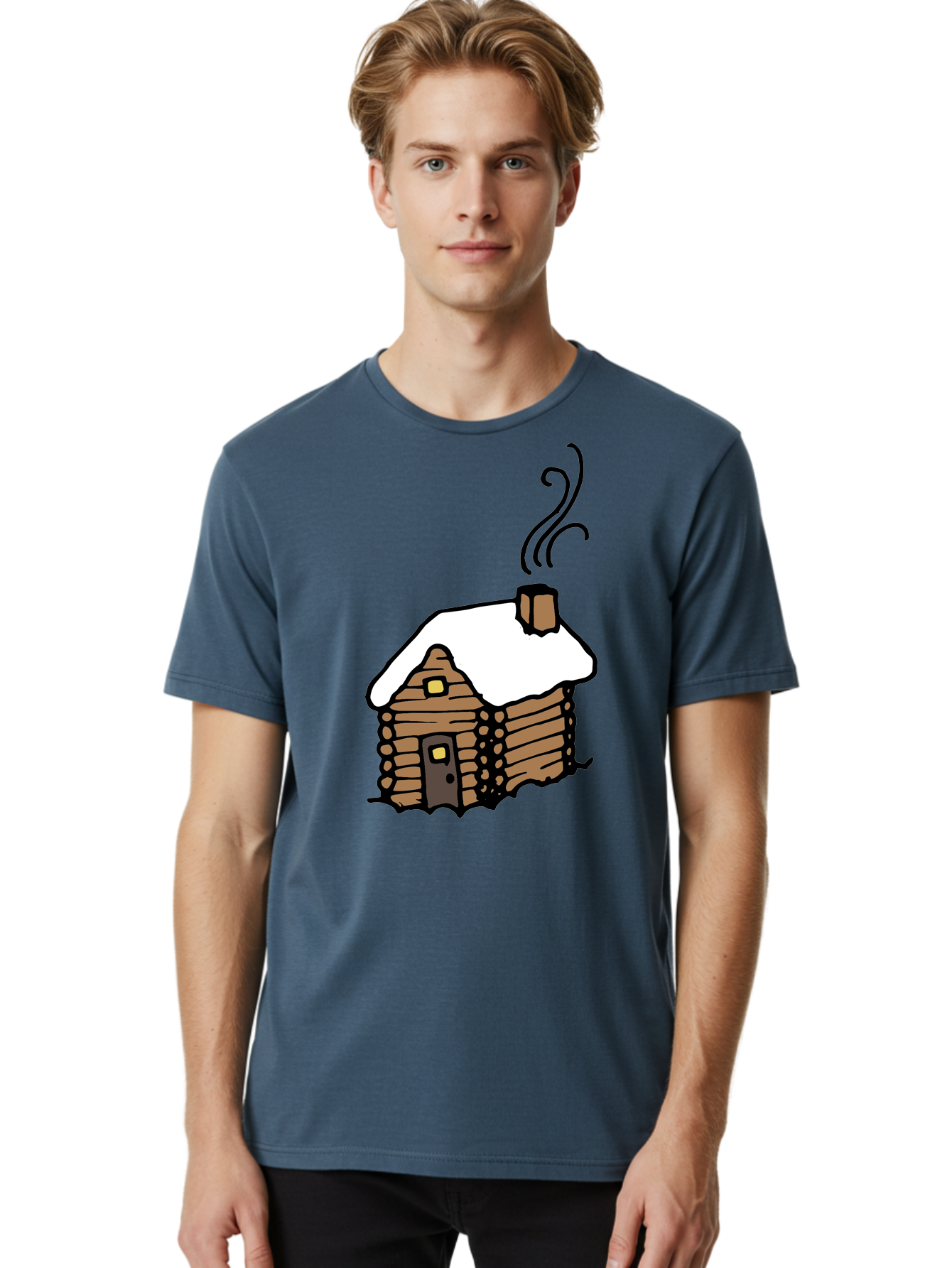 Log-Cabin Men'S Graphic Tee, 100% Cotton, Comfortable Casual Summer Wear, Machine Washable, Cozy Log Cabin, Snow-Covered Roof, Warm Fireplace, Snowy Landscape, Winter Wonderland, Rustic Charm, Cabin In The Woods -  Aaa972