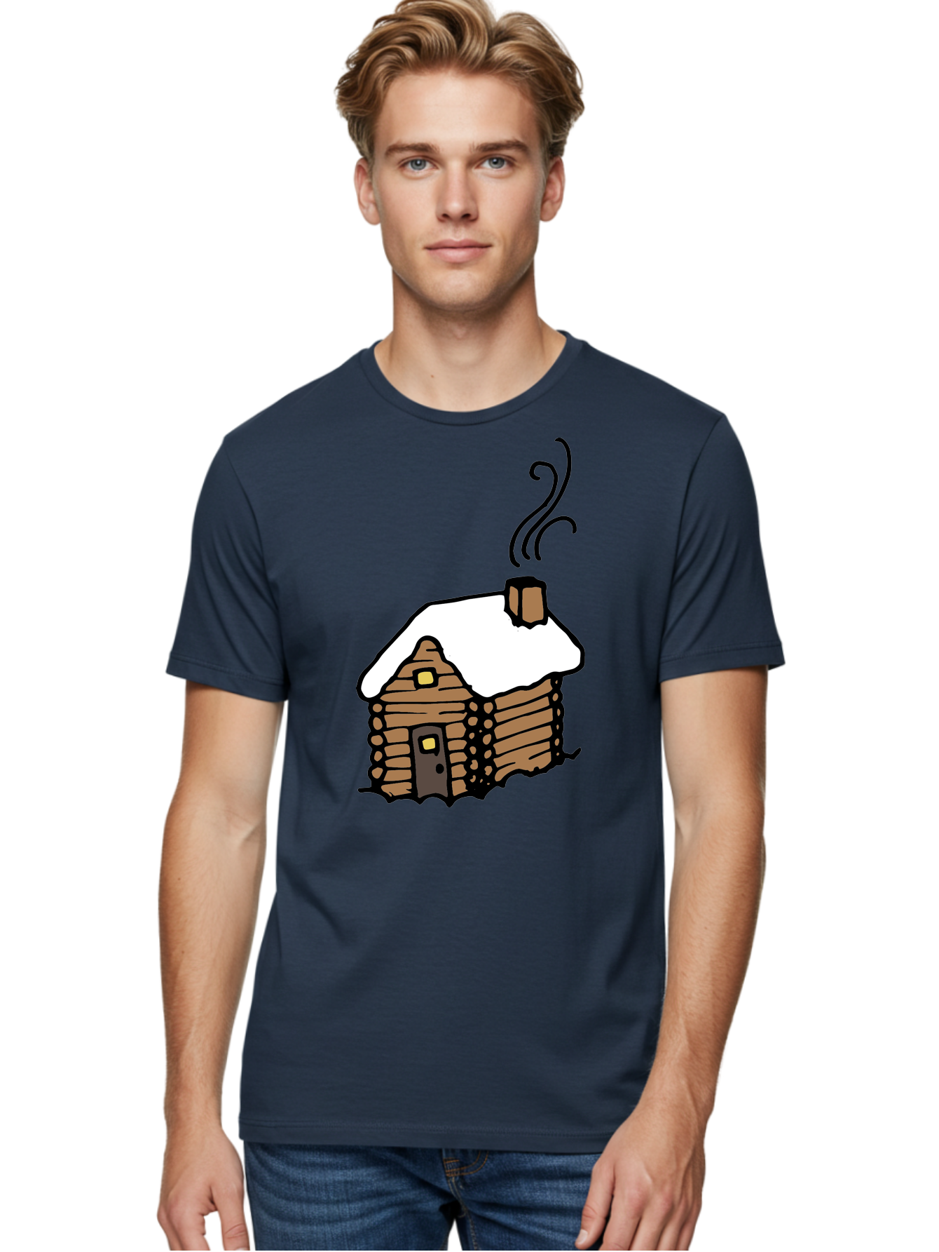 Log-Cabin Men'S Graphic Tee, 100% Cotton, Comfortable Casual Summer Wear, Machine Washable, Cozy Log Cabin, Snow-Covered Roof, Warm Fireplace, Snowy Landscape, Winter Wonderland, Rustic Charm, Cabin In The Woods -  Aaa972