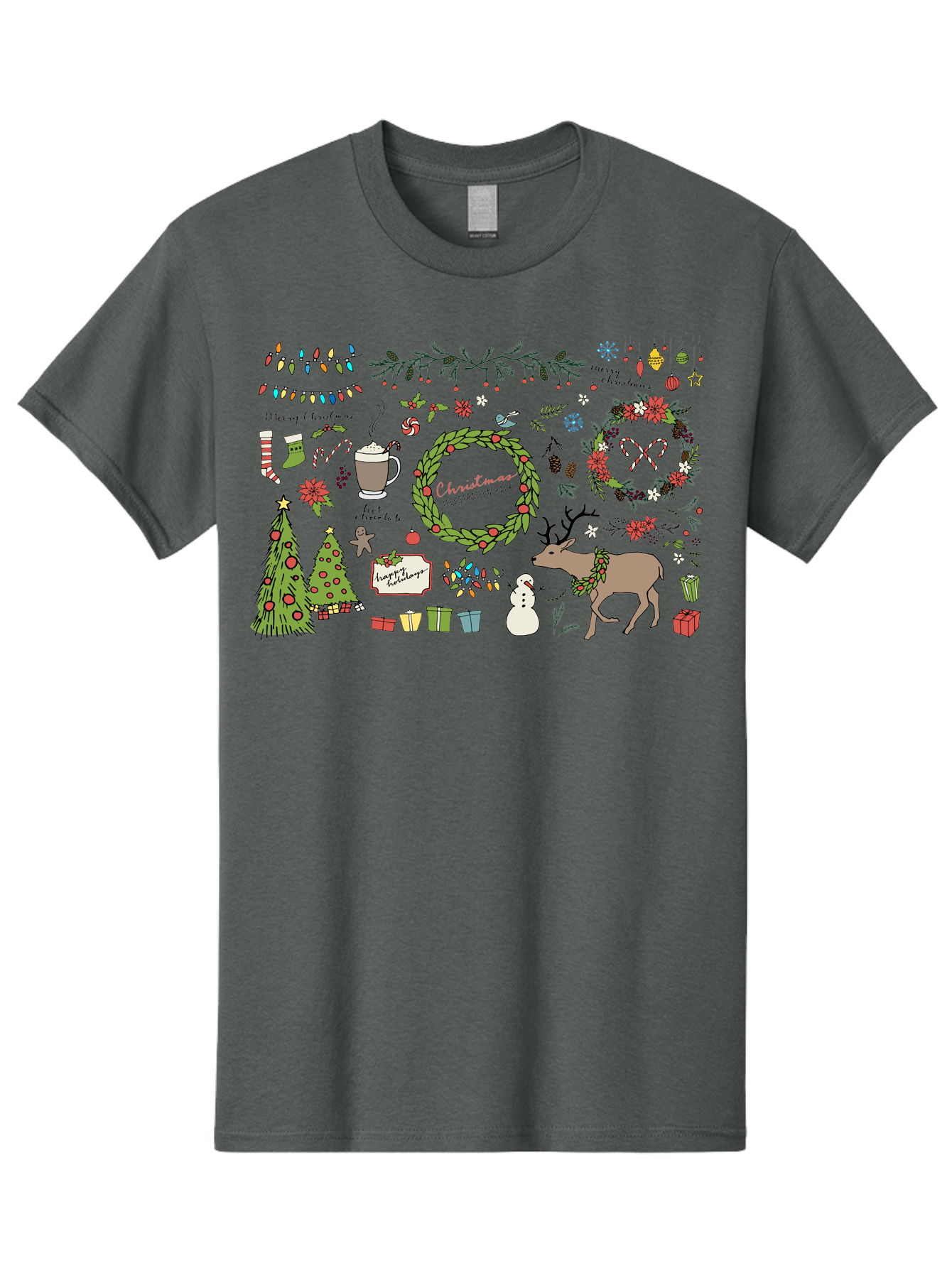 Merry-Christmas-Illustration-Pack Men'S Graphic Tee, 100% Cotton, Comfortable Casual Summer Wear, Machine Washable, Christmas Decoration, Festive Elements, Winter Wonderland, Holiday Illustrations, Christmas Tree, Reindeer, Snowman, -  Aaa989