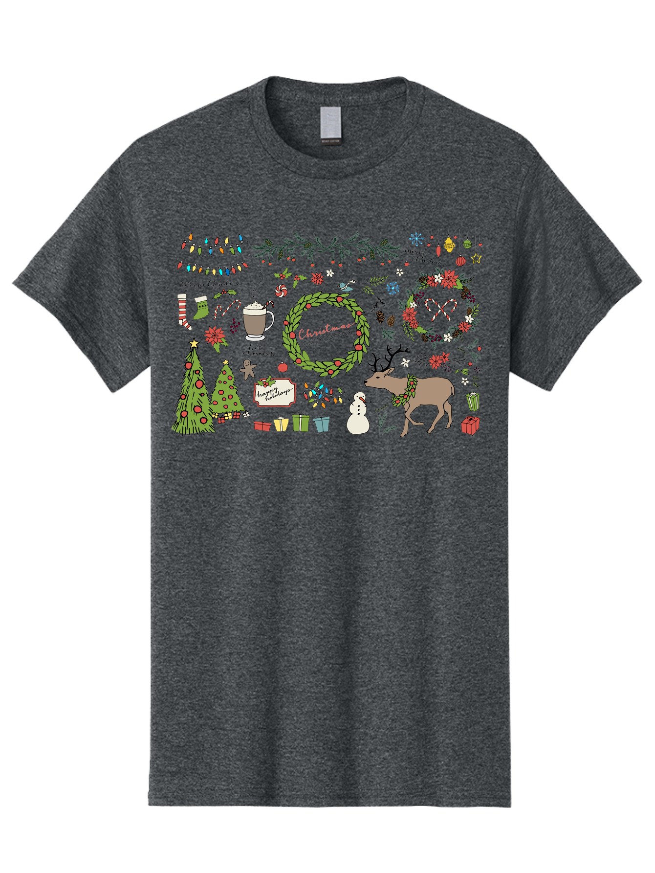 Merry-Christmas-Illustration-Pack Men'S Graphic Tee, 100% Cotton, Comfortable Casual Summer Wear, Machine Washable, Christmas Decoration, Festive Elements, Winter Wonderland, Holiday Illustrations, Christmas Tree, Reindeer, Snowman, -  Aaa989