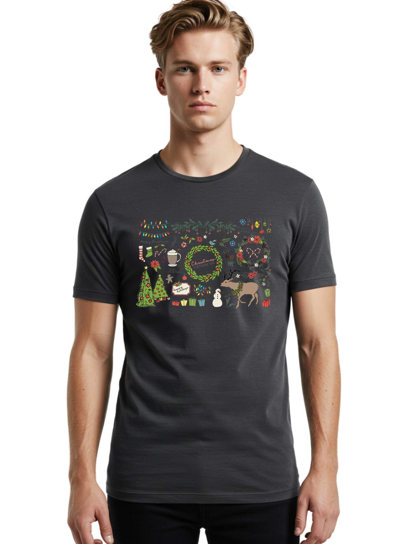 Merry-Christmas-Illustration-Pack Men'S Graphic Tee, 100% Cotton, Comfortable Casual Summer Wear, Machine Washable, Christmas Decoration, Festive Elements, Winter Wonderland, Holiday Illustrations, Christmas Tree, Reindeer, Snowman, -  Aaa989