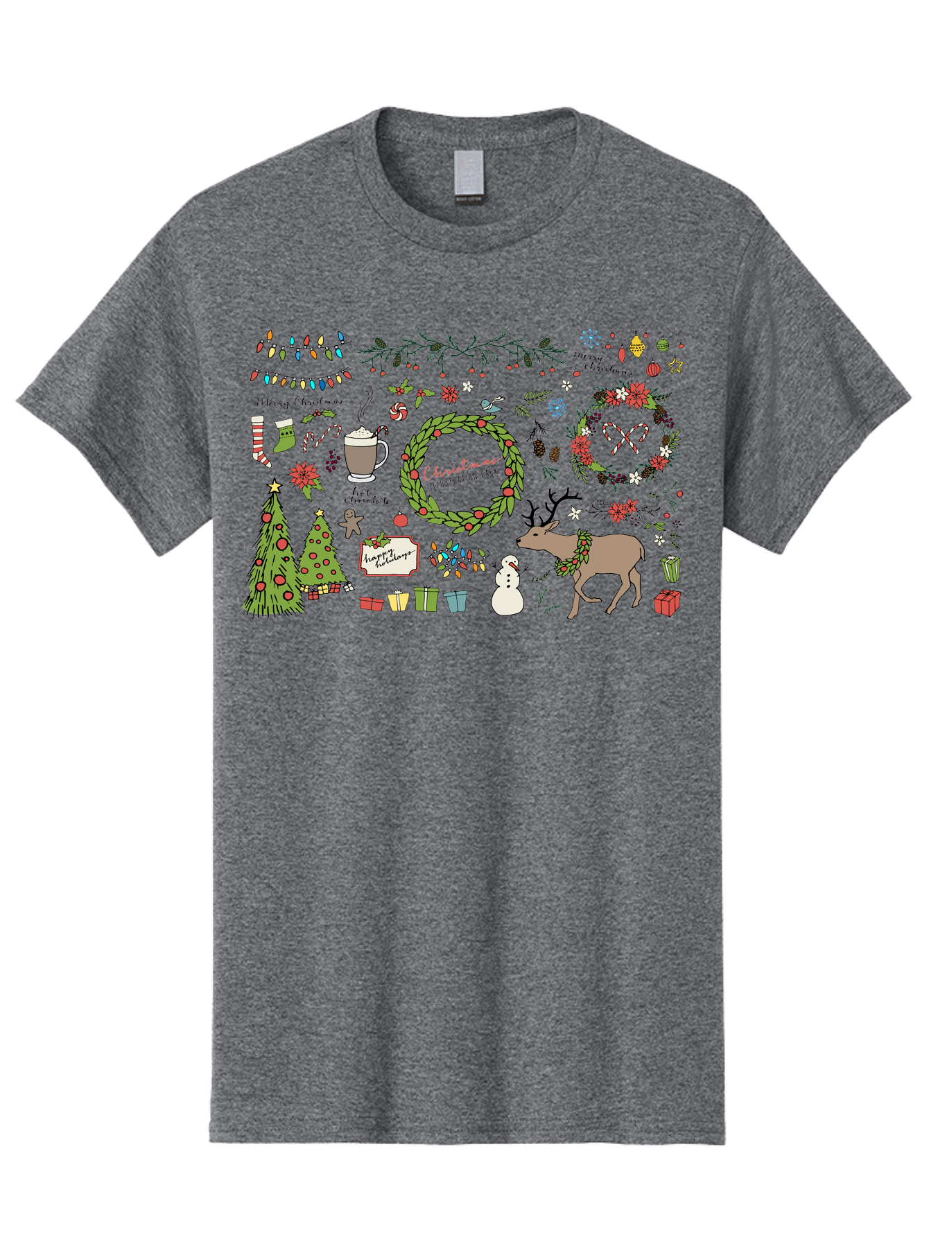Merry-Christmas-Illustration-Pack Men'S Graphic Tee, 100% Cotton, Comfortable Casual Summer Wear, Machine Washable, Christmas Decoration, Festive Elements, Winter Wonderland, Holiday Illustrations, Christmas Tree, Reindeer, Snowman, -  Aaa989