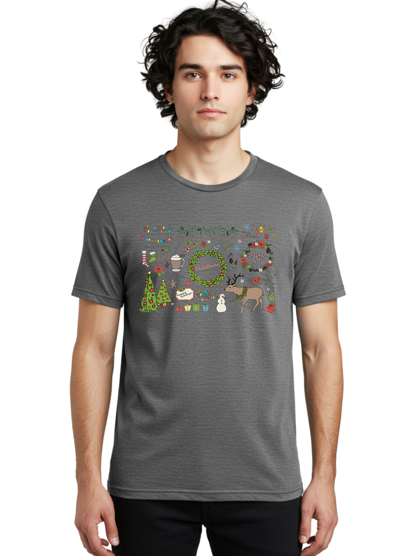 Merry-Christmas-Illustration-Pack Men'S Graphic Tee, 100% Cotton, Comfortable Casual Summer Wear, Machine Washable, Christmas Decoration, Festive Elements, Winter Wonderland, Holiday Illustrations, Christmas Tree, Reindeer, Snowman, -  Aaa989