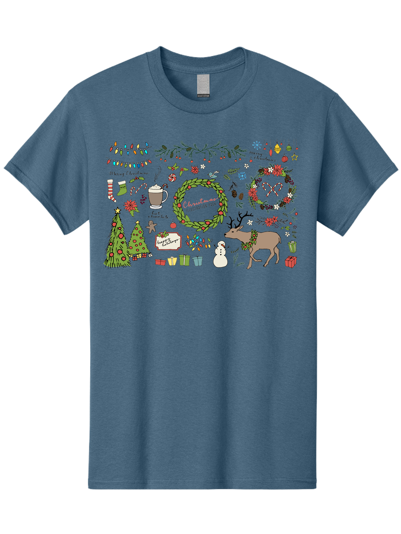 Merry-Christmas-Illustration-Pack Men'S Graphic Tee, 100% Cotton, Comfortable Casual Summer Wear, Machine Washable, Christmas Decoration, Festive Elements, Winter Wonderland, Holiday Illustrations, Christmas Tree, Reindeer, Snowman, -  Aaa989