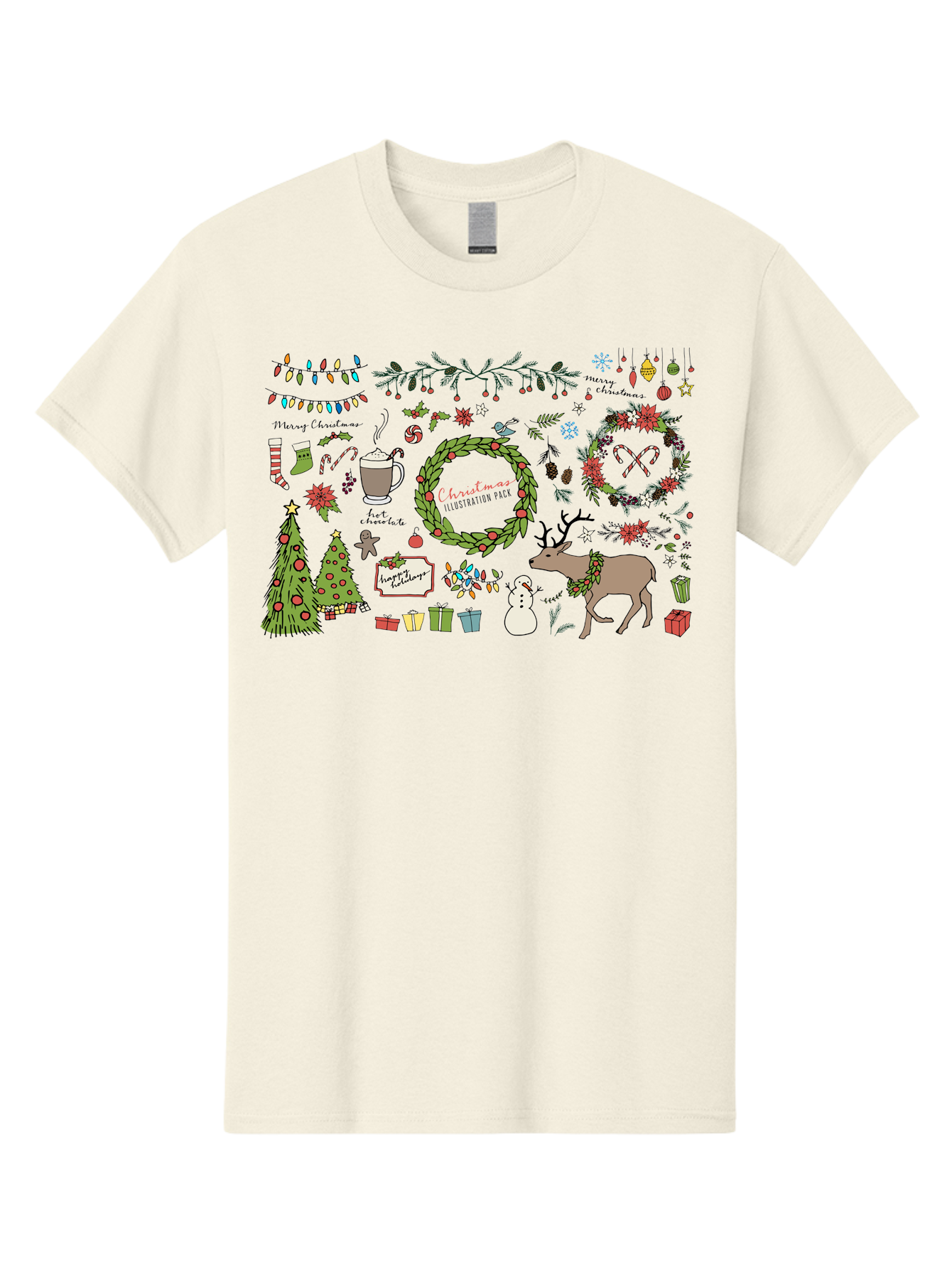 Merry-Christmas-Illustration-Pack Men'S Graphic Tee, 100% Cotton, Comfortable Casual Summer Wear, Machine Washable, Christmas Decoration, Festive Elements, Winter Wonderland, Holiday Illustrations, Christmas Tree, Reindeer, Snowman, -  Aaa989