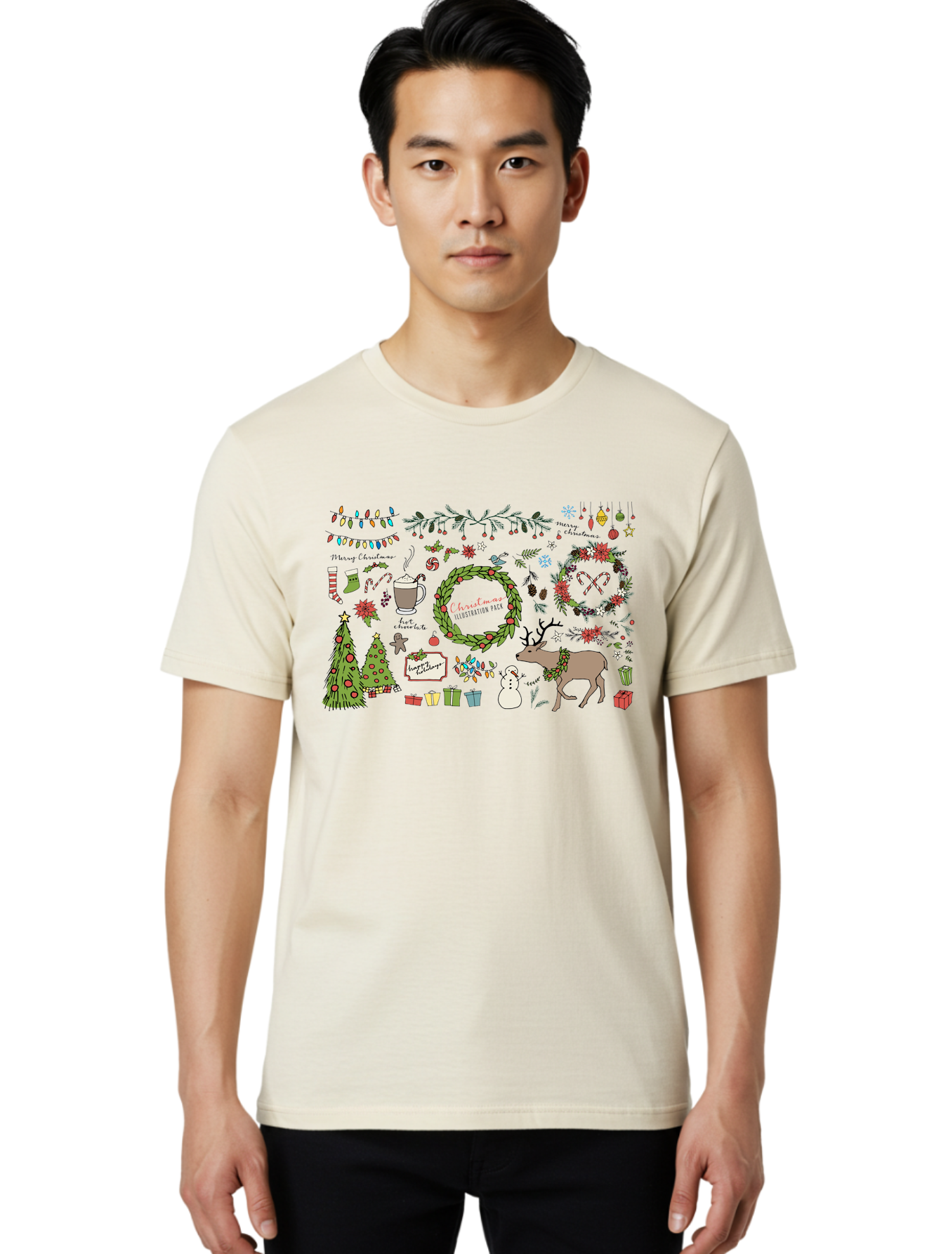 Merry-Christmas-Illustration-Pack Men'S Graphic Tee, 100% Cotton, Comfortable Casual Summer Wear, Machine Washable, Christmas Decoration, Festive Elements, Winter Wonderland, Holiday Illustrations, Christmas Tree, Reindeer, Snowman, -  Aaa989