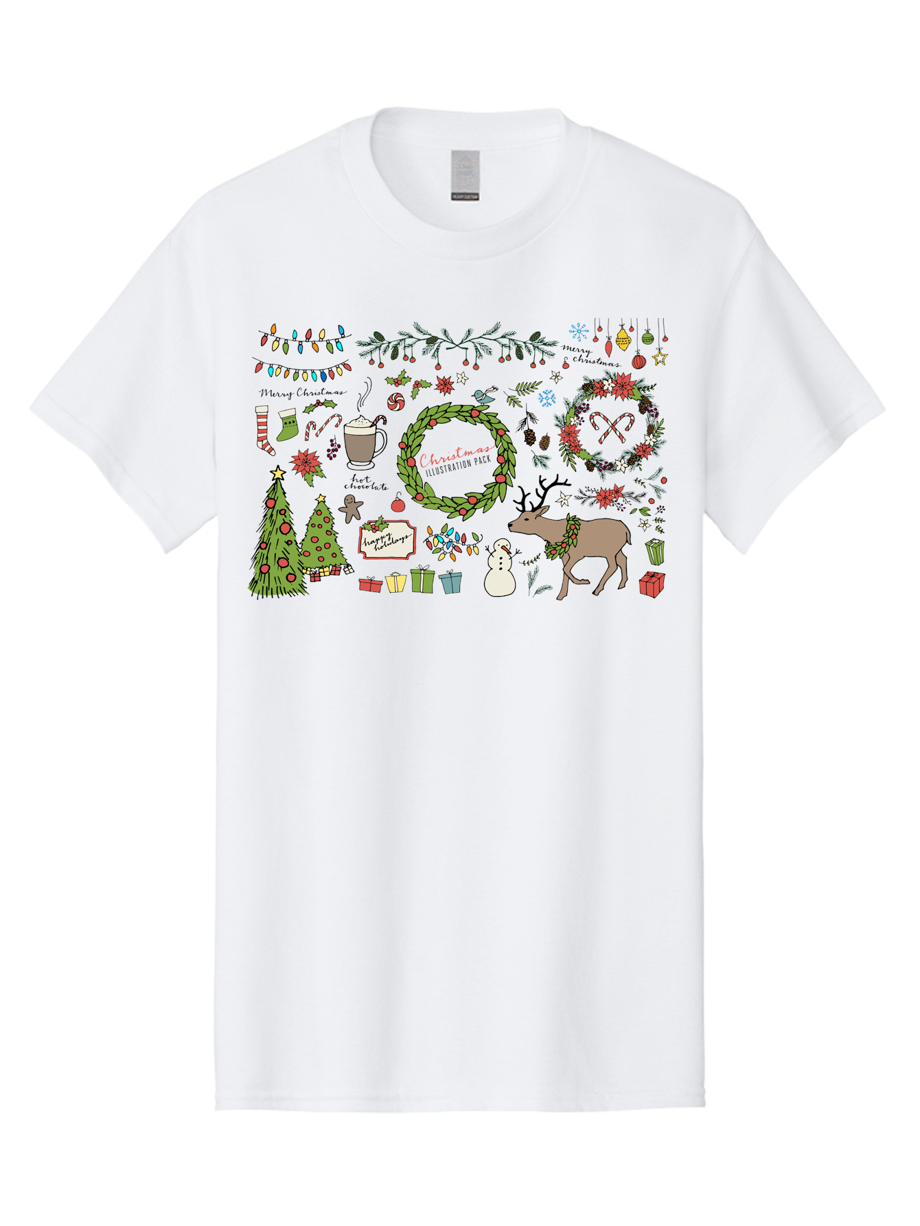 Merry-Christmas-Illustration-Pack Men'S Graphic Tee, 100% Cotton, Comfortable Casual Summer Wear, Machine Washable, Christmas Decoration, Festive Elements, Winter Wonderland, Holiday Illustrations, Christmas Tree, Reindeer, Snowman, -  Aaa989