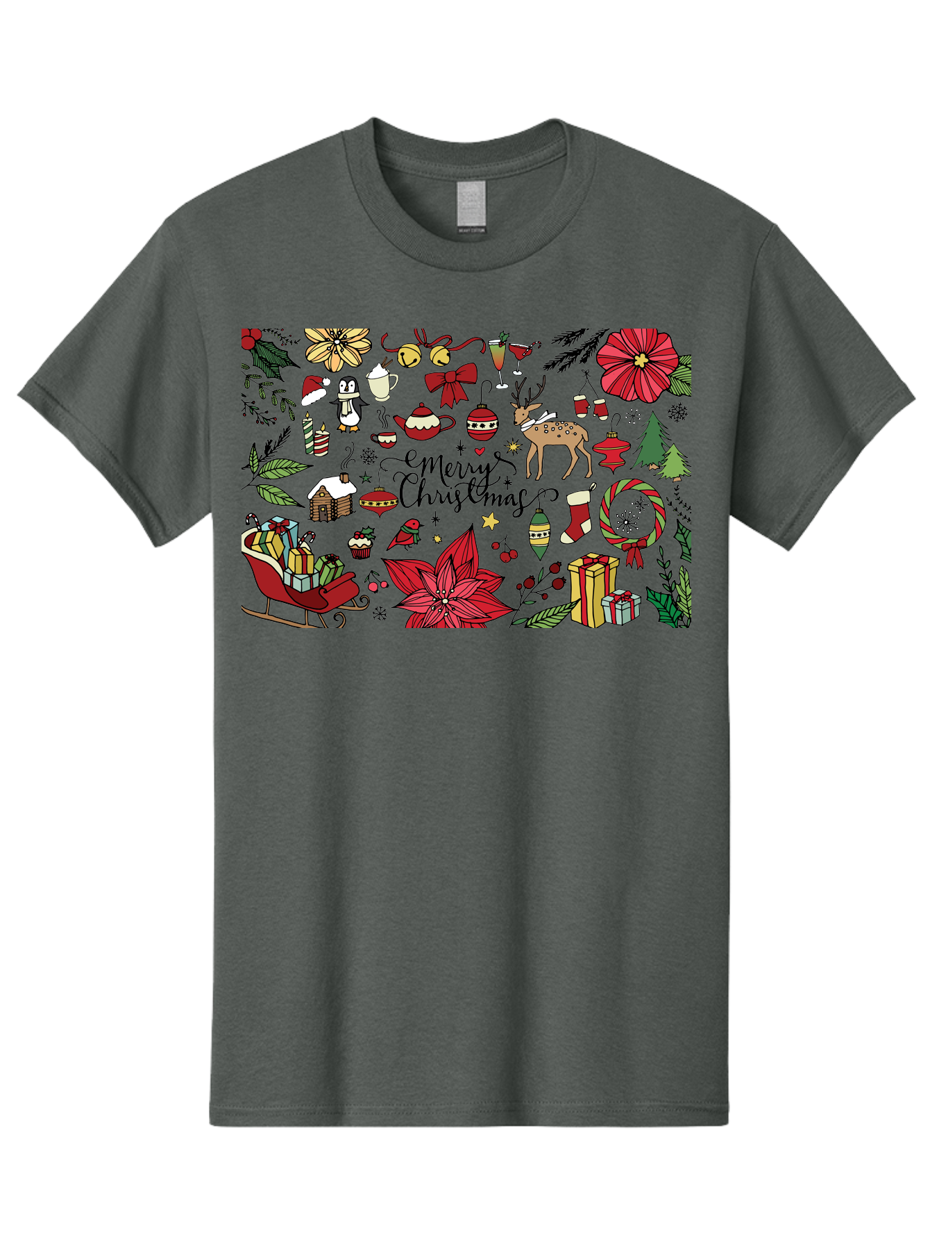 Merry-Christmas Men'S Graphic Tee, 100% Cotton, Comfortable Casual Summer Wear, Machine Washable, Merry Christmas, Holiday Elements, Festive Decorations, Red And Black Illustrations, Christmas Gifts, Sleigh, Reindeer, Poinsettia, -  Aaa990