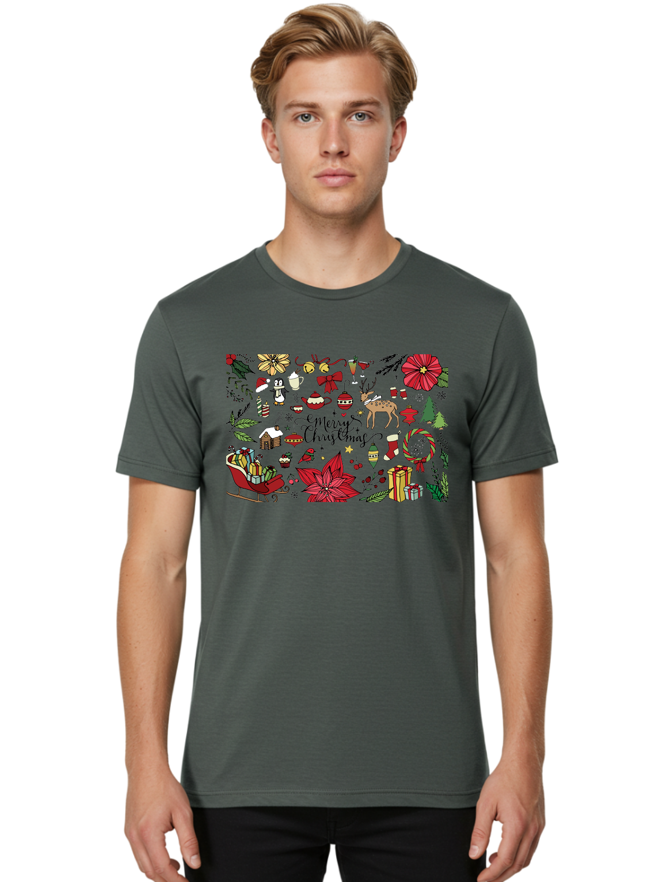 Merry-Christmas Men'S Graphic Tee, 100% Cotton, Comfortable Casual Summer Wear, Machine Washable, Merry Christmas, Holiday Elements, Festive Decorations, Red And Black Illustrations, Christmas Gifts, Sleigh, Reindeer, Poinsettia, -  Aaa990