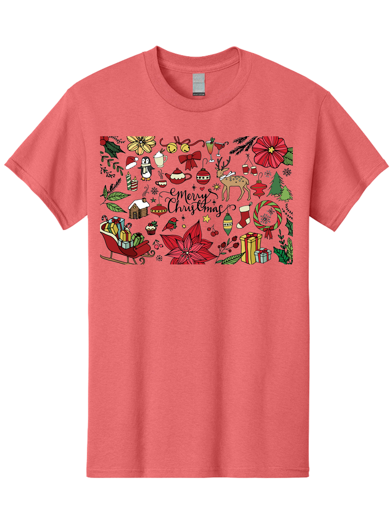 Merry-Christmas Men'S Graphic Tee, 100% Cotton, Comfortable Casual Summer Wear, Machine Washable, Merry Christmas, Holiday Elements, Festive Decorations, Red And Black Illustrations, Christmas Gifts, Sleigh, Reindeer, Poinsettia, -  Aaa990