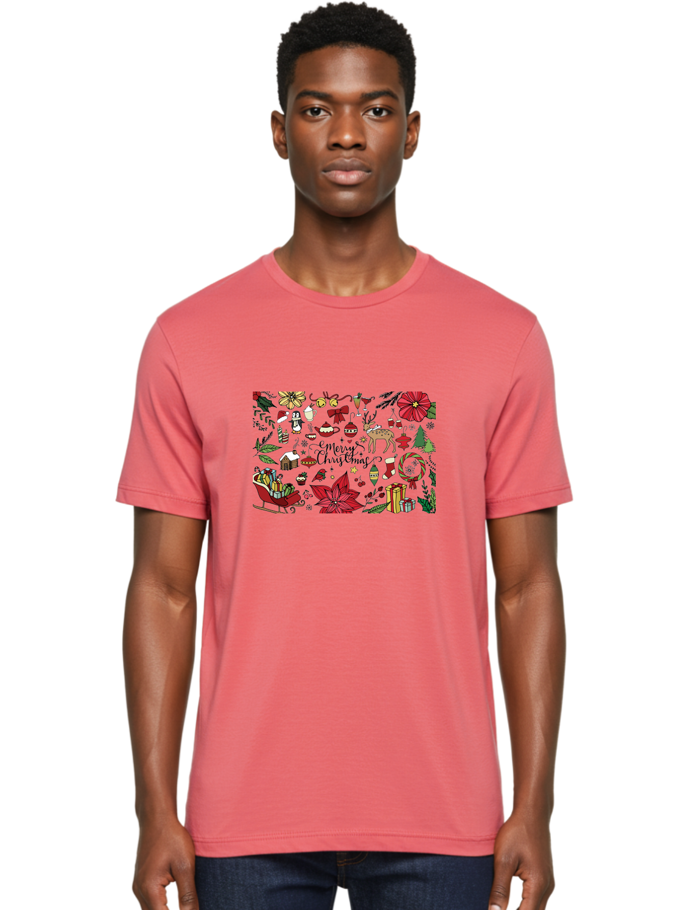 Merry-Christmas Men'S Graphic Tee, 100% Cotton, Comfortable Casual Summer Wear, Machine Washable, Merry Christmas, Holiday Elements, Festive Decorations, Red And Black Illustrations, Christmas Gifts, Sleigh, Reindeer, Poinsettia, -  Aaa990
