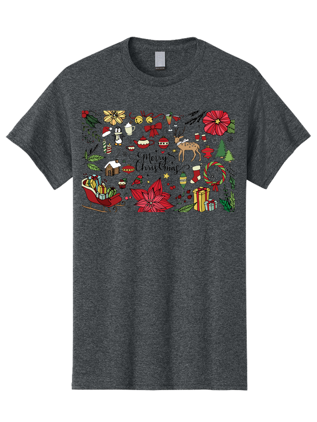 Merry-Christmas Men'S Graphic Tee, 100% Cotton, Comfortable Casual Summer Wear, Machine Washable, Merry Christmas, Holiday Elements, Festive Decorations, Red And Black Illustrations, Christmas Gifts, Sleigh, Reindeer, Poinsettia, -  Aaa990