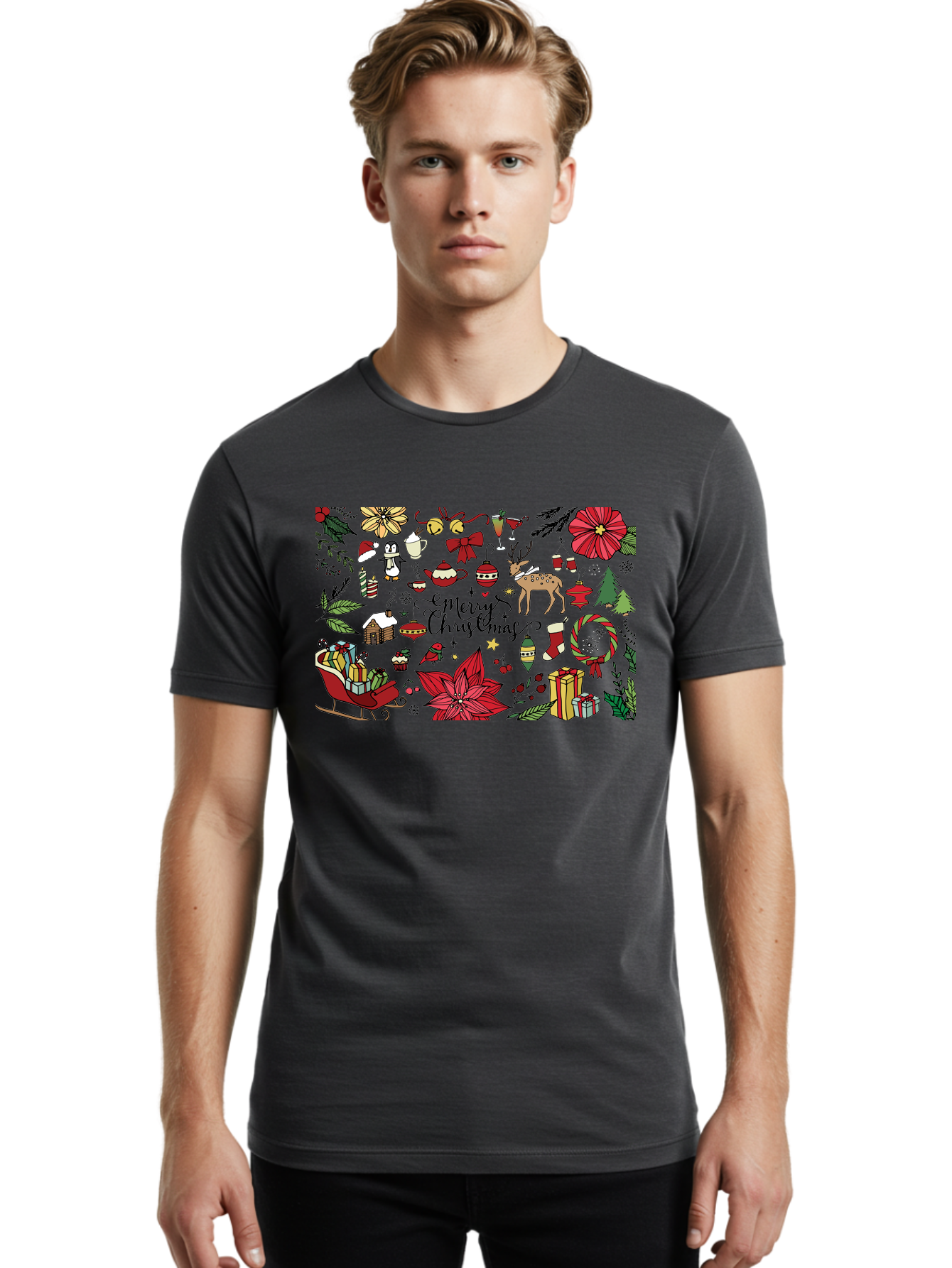 Merry-Christmas Men'S Graphic Tee, 100% Cotton, Comfortable Casual Summer Wear, Machine Washable, Merry Christmas, Holiday Elements, Festive Decorations, Red And Black Illustrations, Christmas Gifts, Sleigh, Reindeer, Poinsettia, -  Aaa990