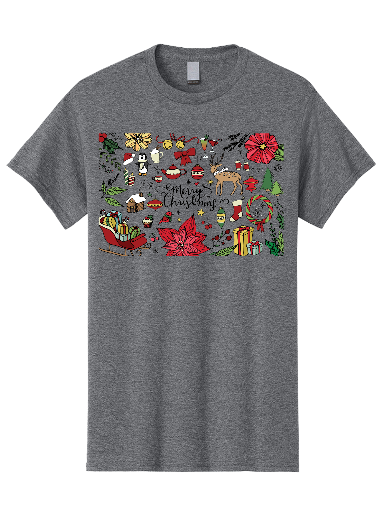 Merry-Christmas Men'S Graphic Tee, 100% Cotton, Comfortable Casual Summer Wear, Machine Washable, Merry Christmas, Holiday Elements, Festive Decorations, Red And Black Illustrations, Christmas Gifts, Sleigh, Reindeer, Poinsettia, -  Aaa990