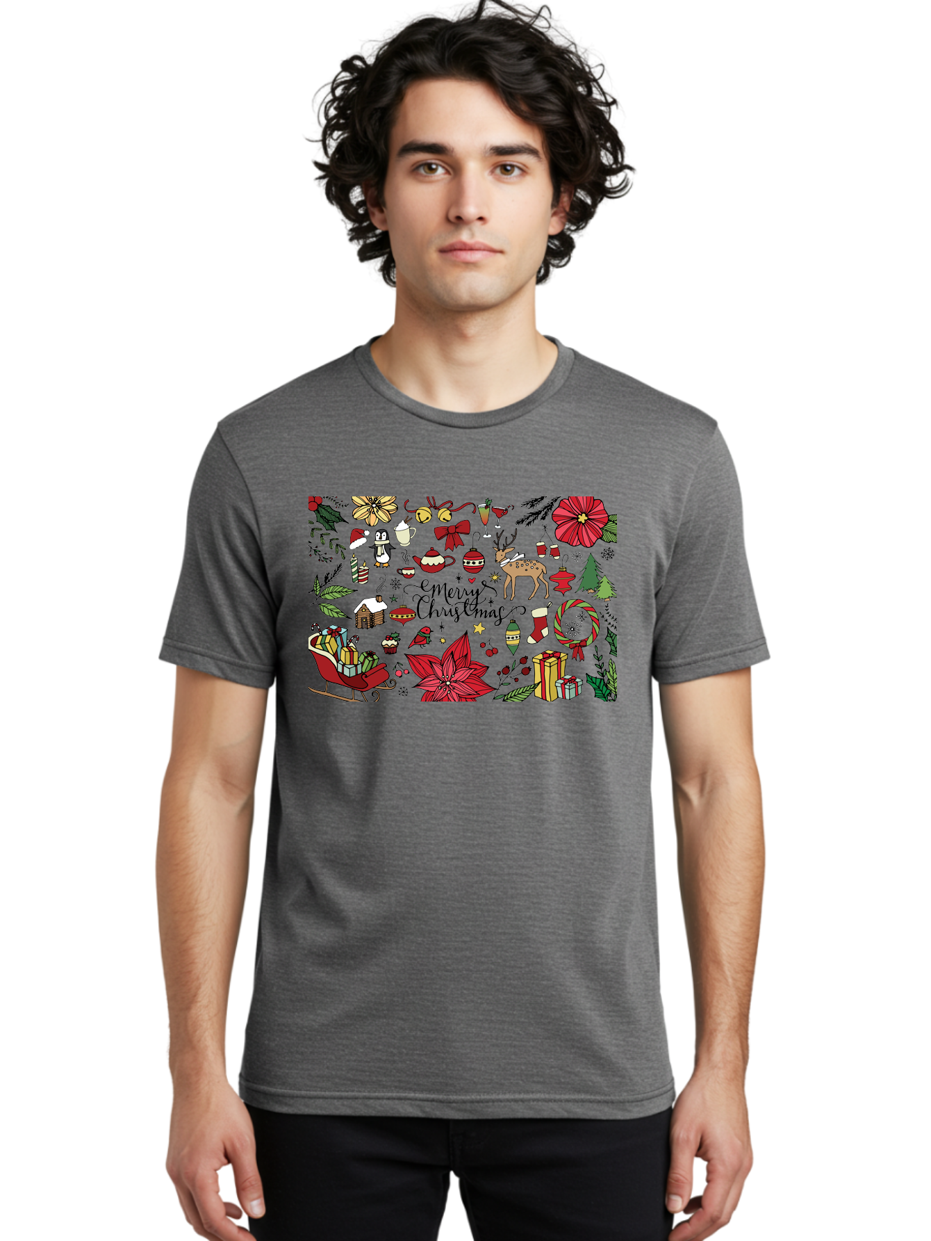 Merry-Christmas Men'S Graphic Tee, 100% Cotton, Comfortable Casual Summer Wear, Machine Washable, Merry Christmas, Holiday Elements, Festive Decorations, Red And Black Illustrations, Christmas Gifts, Sleigh, Reindeer, Poinsettia, -  Aaa990