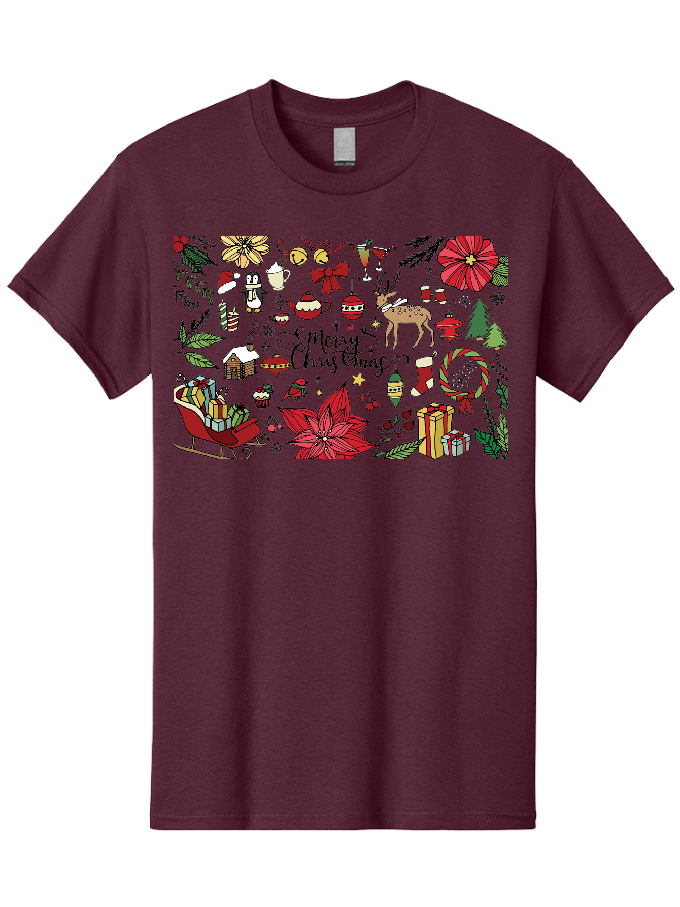Merry-Christmas Men'S Graphic Tee, 100% Cotton, Comfortable Casual Summer Wear, Machine Washable, Merry Christmas, Holiday Elements, Festive Decorations, Red And Black Illustrations, Christmas Gifts, Sleigh, Reindeer, Poinsettia, -  Aaa990
