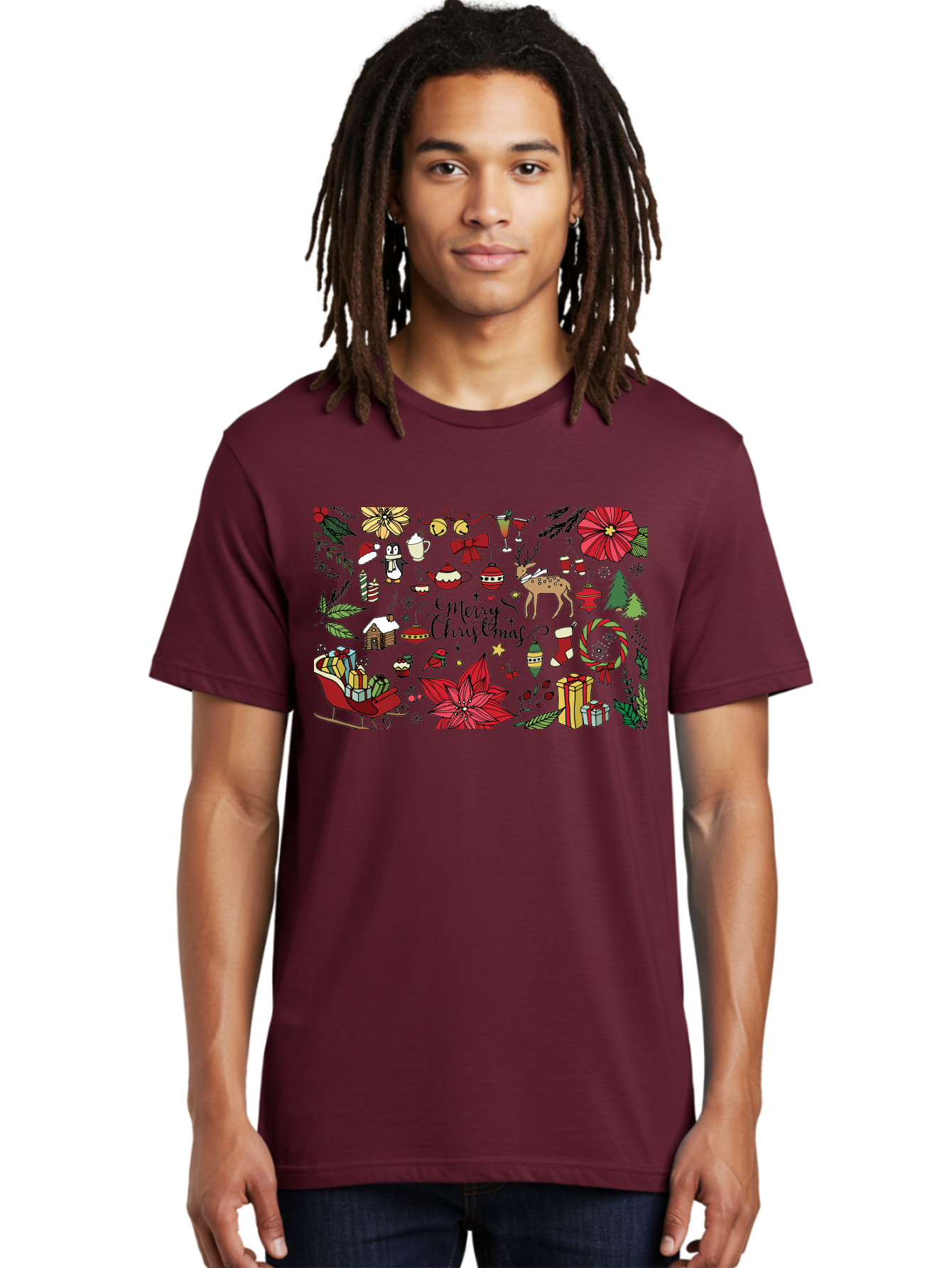 Merry-Christmas Men'S Graphic Tee, 100% Cotton, Comfortable Casual Summer Wear, Machine Washable, Merry Christmas, Holiday Elements, Festive Decorations, Red And Black Illustrations, Christmas Gifts, Sleigh, Reindeer, Poinsettia, -  Aaa990