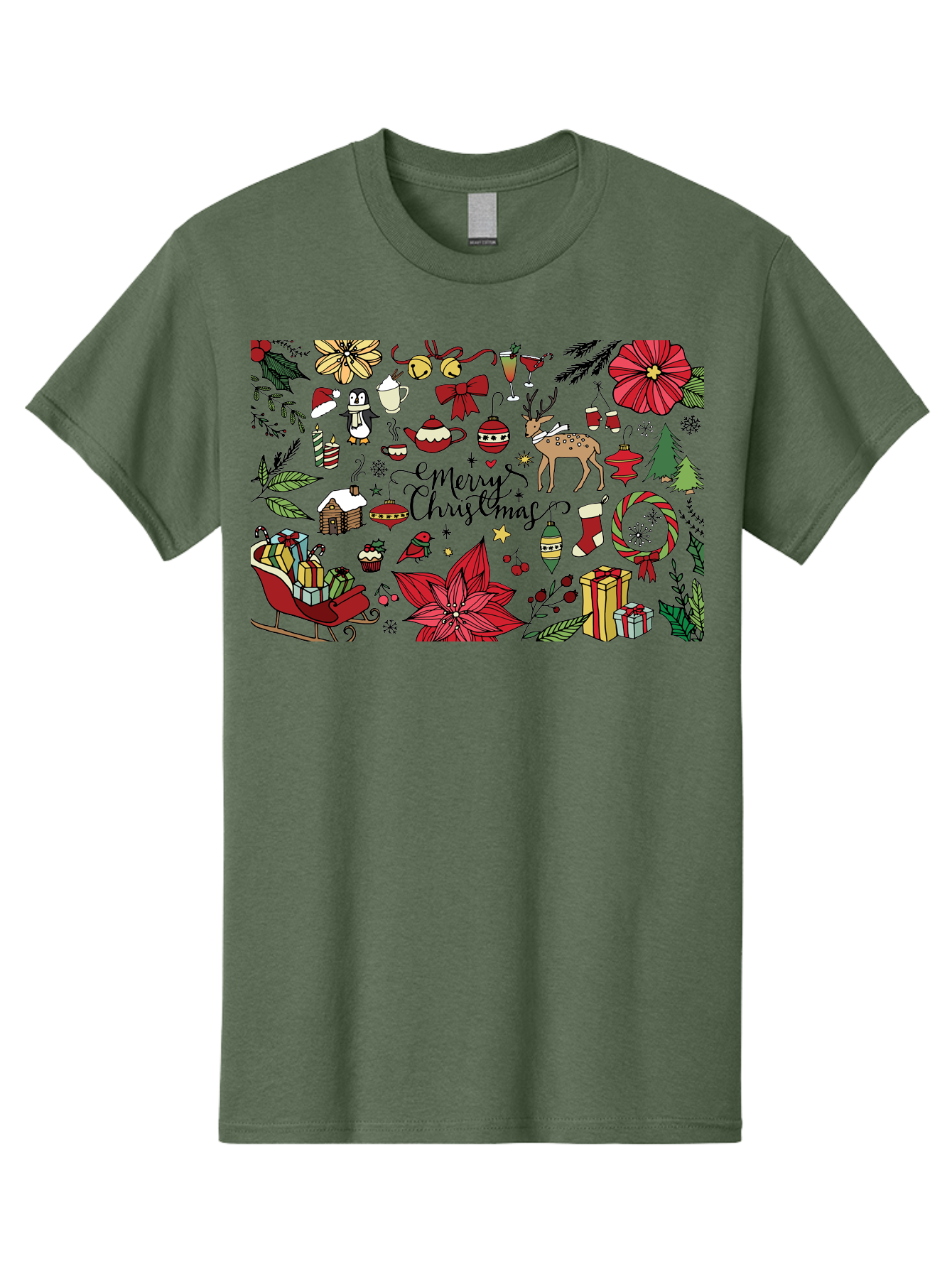 Merry-Christmas Men'S Graphic Tee, 100% Cotton, Comfortable Casual Summer Wear, Machine Washable, Merry Christmas, Holiday Elements, Festive Decorations, Red And Black Illustrations, Christmas Gifts, Sleigh, Reindeer, Poinsettia, -  Aaa990