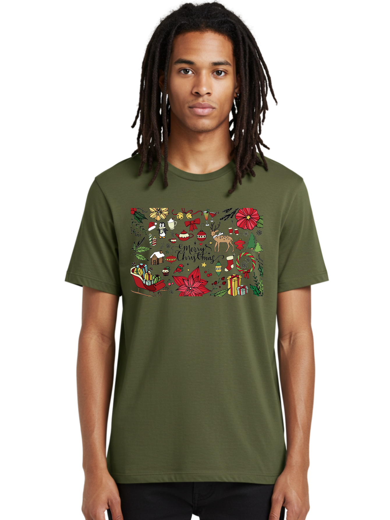 Merry-Christmas Men'S Graphic Tee, 100% Cotton, Comfortable Casual Summer Wear, Machine Washable, Merry Christmas, Holiday Elements, Festive Decorations, Red And Black Illustrations, Christmas Gifts, Sleigh, Reindeer, Poinsettia, -  Aaa990