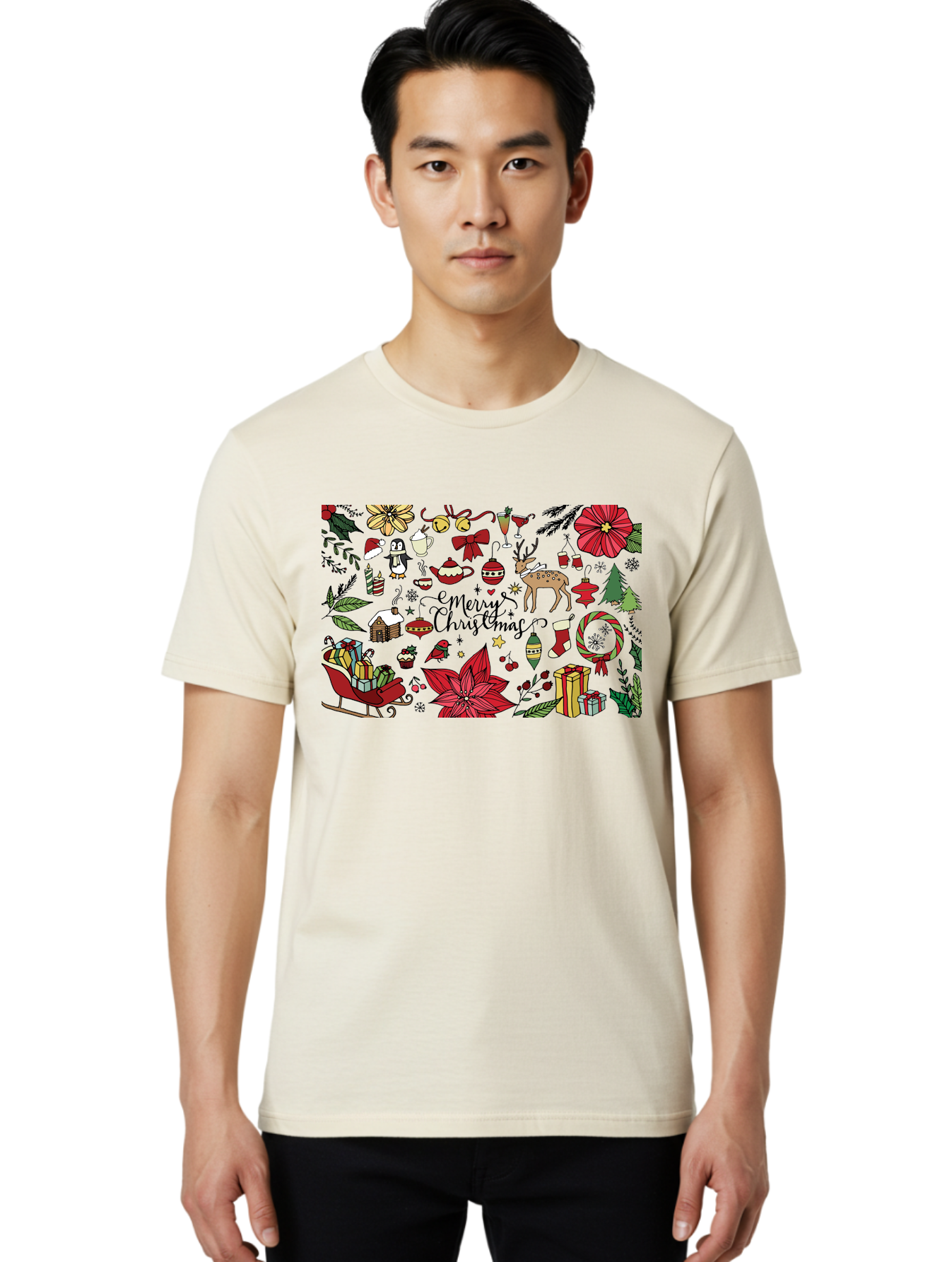 Merry-Christmas Men'S Graphic Tee, 100% Cotton, Comfortable Casual Summer Wear, Machine Washable, Merry Christmas, Holiday Elements, Festive Decorations, Red And Black Illustrations, Christmas Gifts, Sleigh, Reindeer, Poinsettia, -  Aaa990