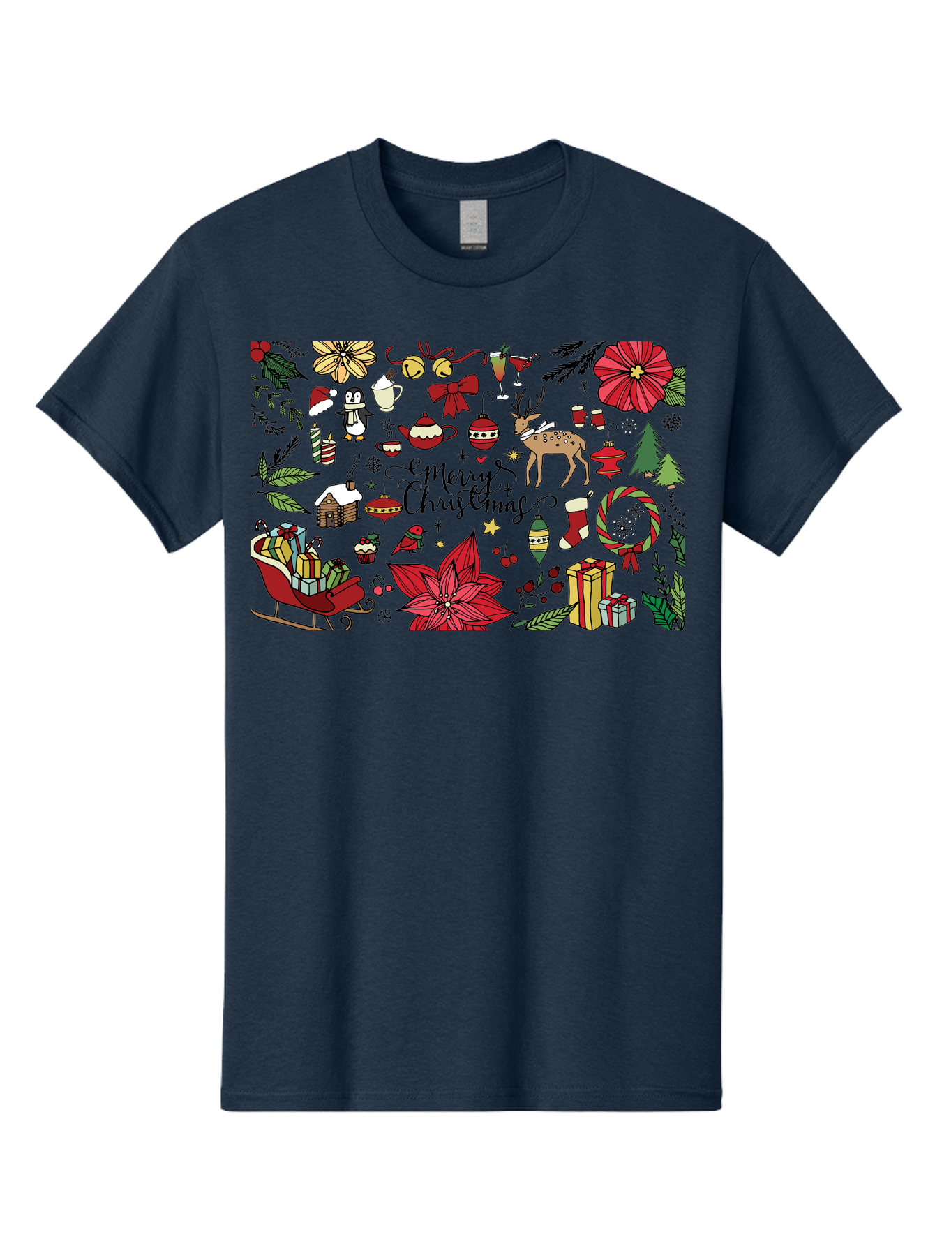 Merry-Christmas Men'S Graphic Tee, 100% Cotton, Comfortable Casual Summer Wear, Machine Washable, Merry Christmas, Holiday Elements, Festive Decorations, Red And Black Illustrations, Christmas Gifts, Sleigh, Reindeer, Poinsettia, -  Aaa990