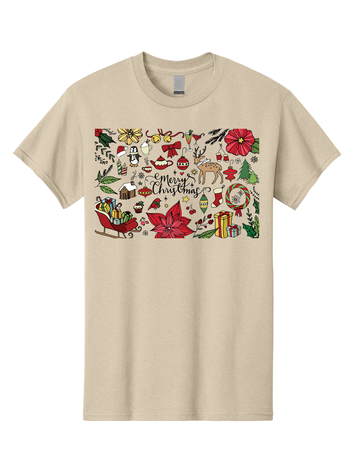 Merry-Christmas Men'S Graphic Tee, 100% Cotton, Comfortable Casual Summer Wear, Machine Washable, Merry Christmas, Holiday Elements, Festive Decorations, Red And Black Illustrations, Christmas Gifts, Sleigh, Reindeer, Poinsettia, -  Aaa990