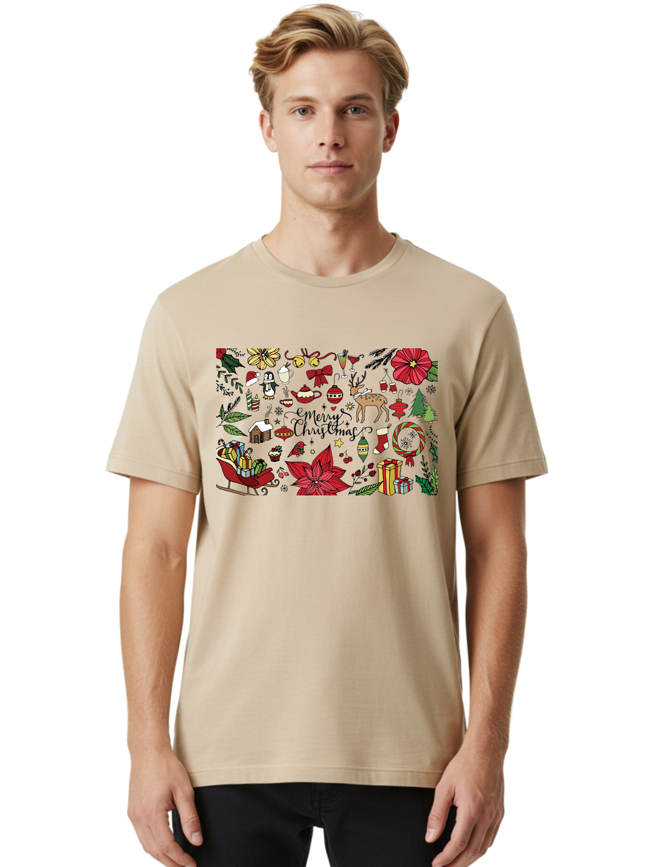 Merry-Christmas Men'S Graphic Tee, 100% Cotton, Comfortable Casual Summer Wear, Machine Washable, Merry Christmas, Holiday Elements, Festive Decorations, Red And Black Illustrations, Christmas Gifts, Sleigh, Reindeer, Poinsettia, -  Aaa990