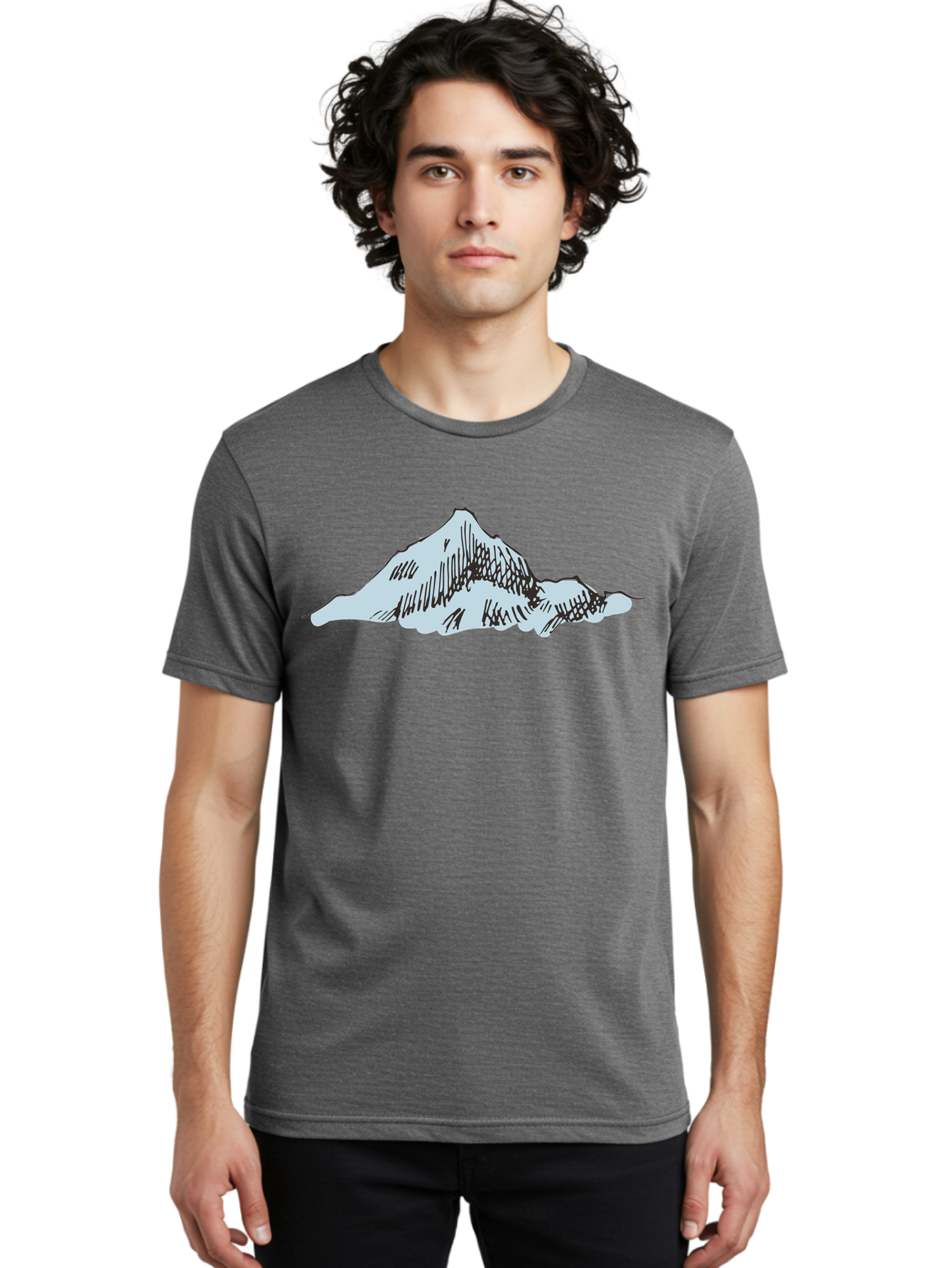 Mountain-Landscape Men'S Graphic Tee, 100% Cotton, Comfortable Casual Summer Wear, Machine Washable, Cartoon Mountain, Sketch Art, Black Lines, Simple Design, Minimalist Style, White Mountain Peak, Abstract Landscape, Illustration Aaa999